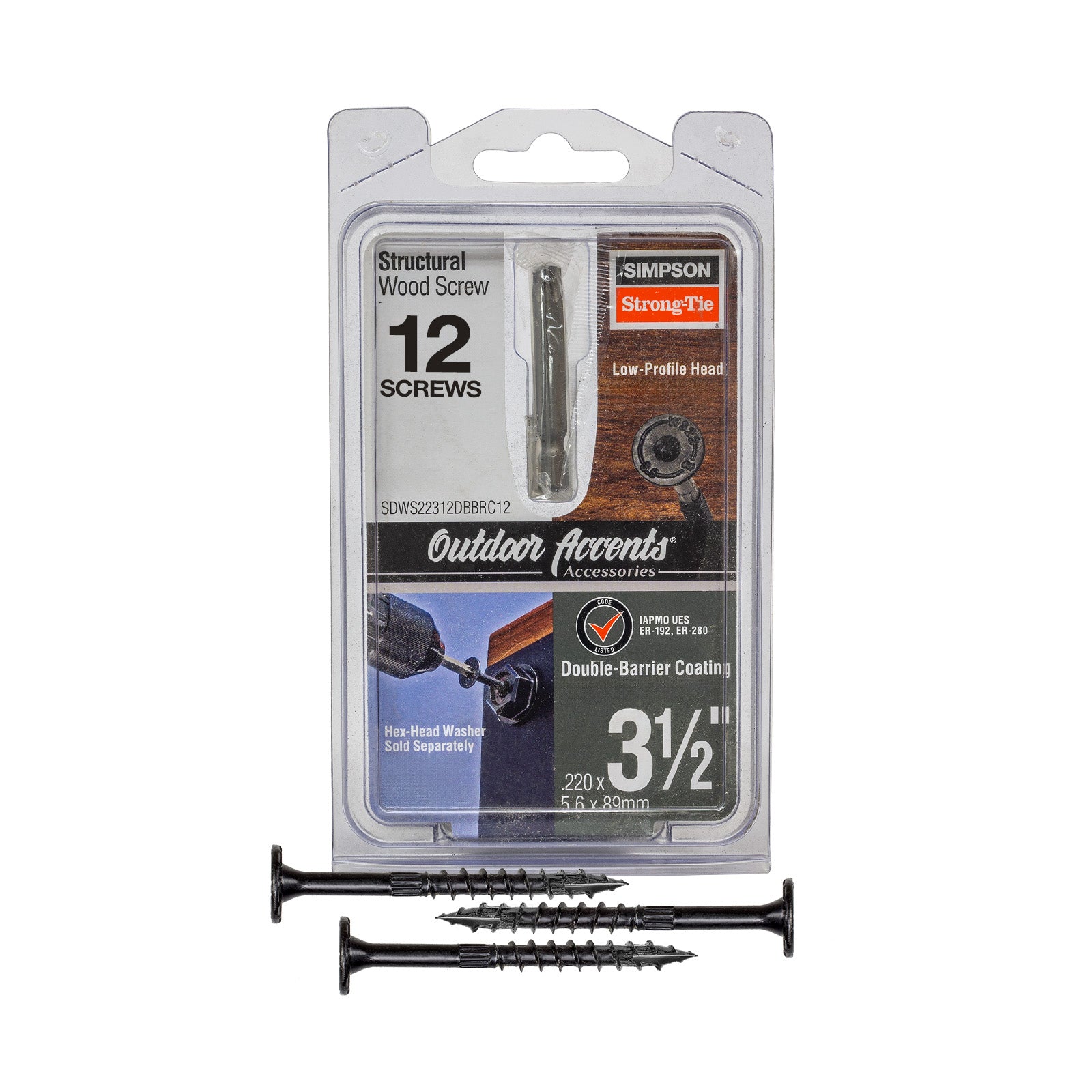 0.220" x 3-1/2" Strong-Tie SDWS22312DBBRC12 Structural Screw T40 Star Double Barrier Black - Pkg 12