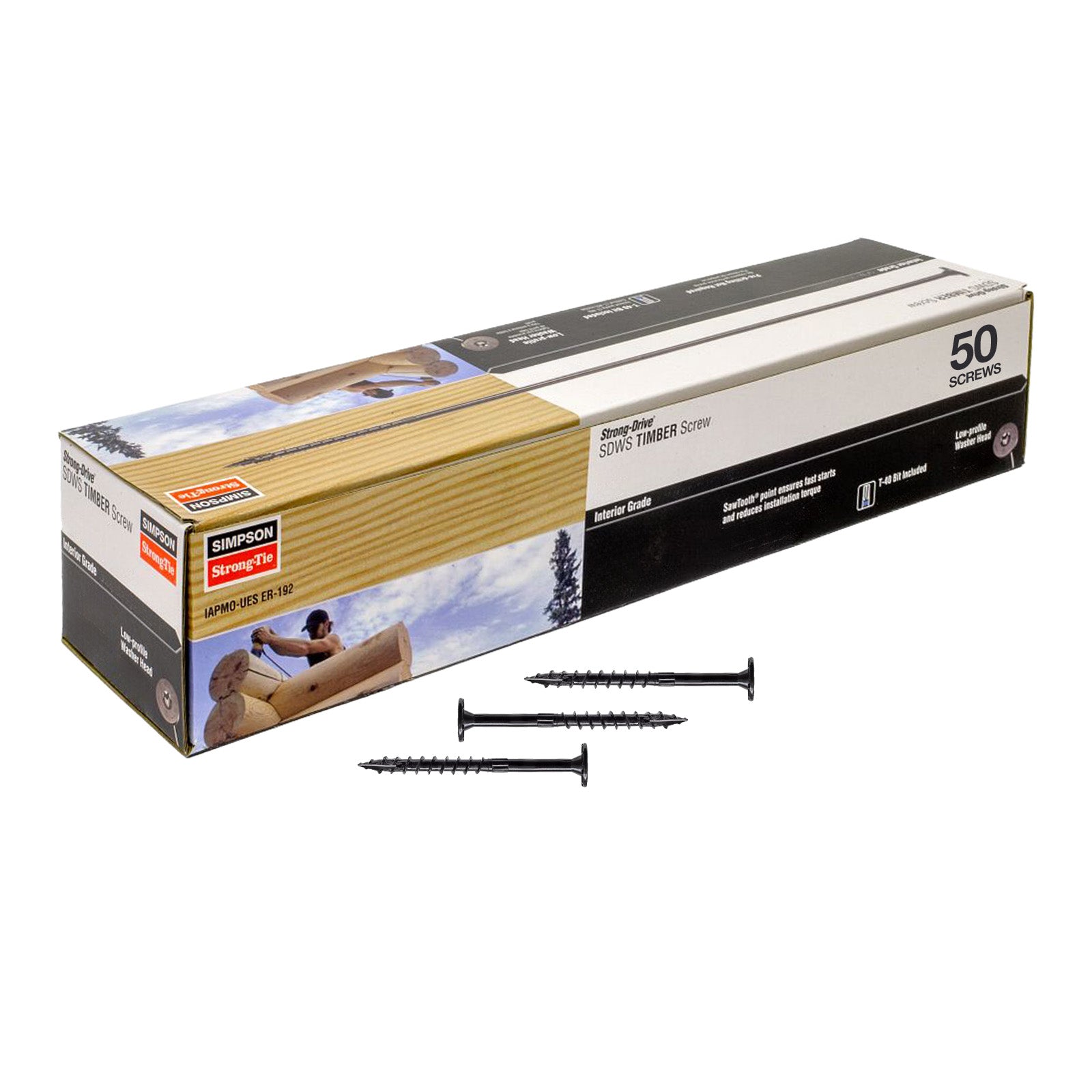 Box of Simpson Strong-Tie Timber Screws with screws on a white background