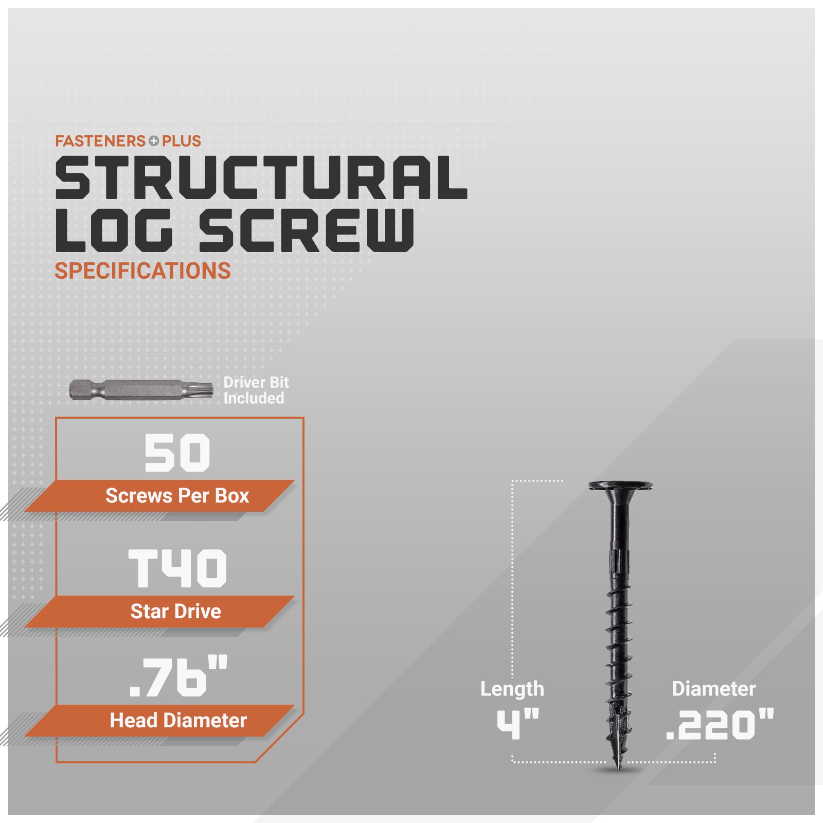 Structural log screw packaging with specifications on a gray background