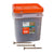 Bucket of screws with an orange lid and three screws in front on a white background