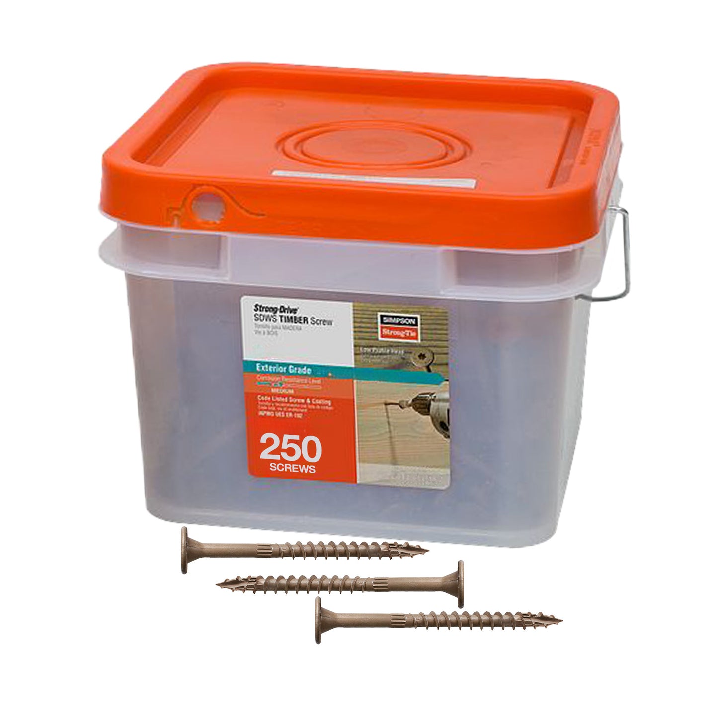 Clear plastic container with orange lid labeled '250 screws' on a white background