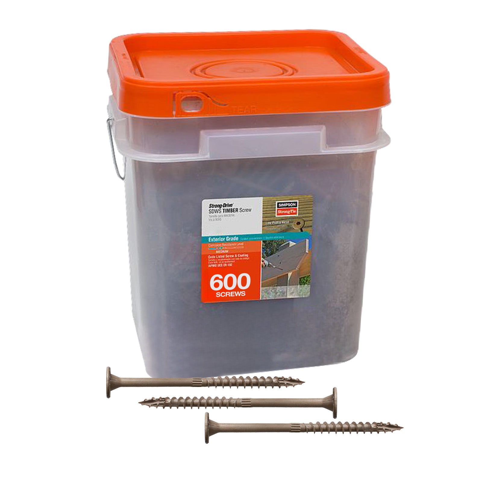 Bucket of screws with an orange lid and visible brand label on a white background