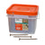 Clear plastic container with orange lid and screws on a white background