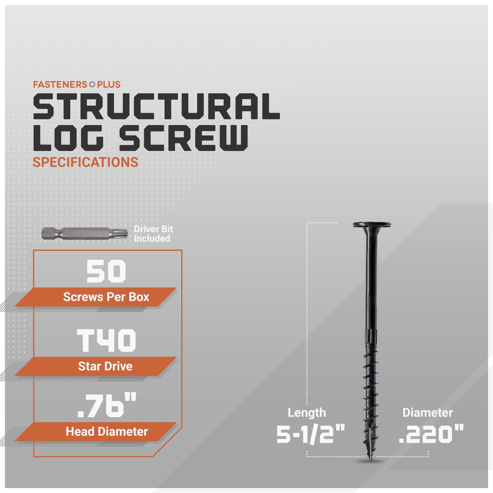 Structural log screw packaging with specifications on a gray background
