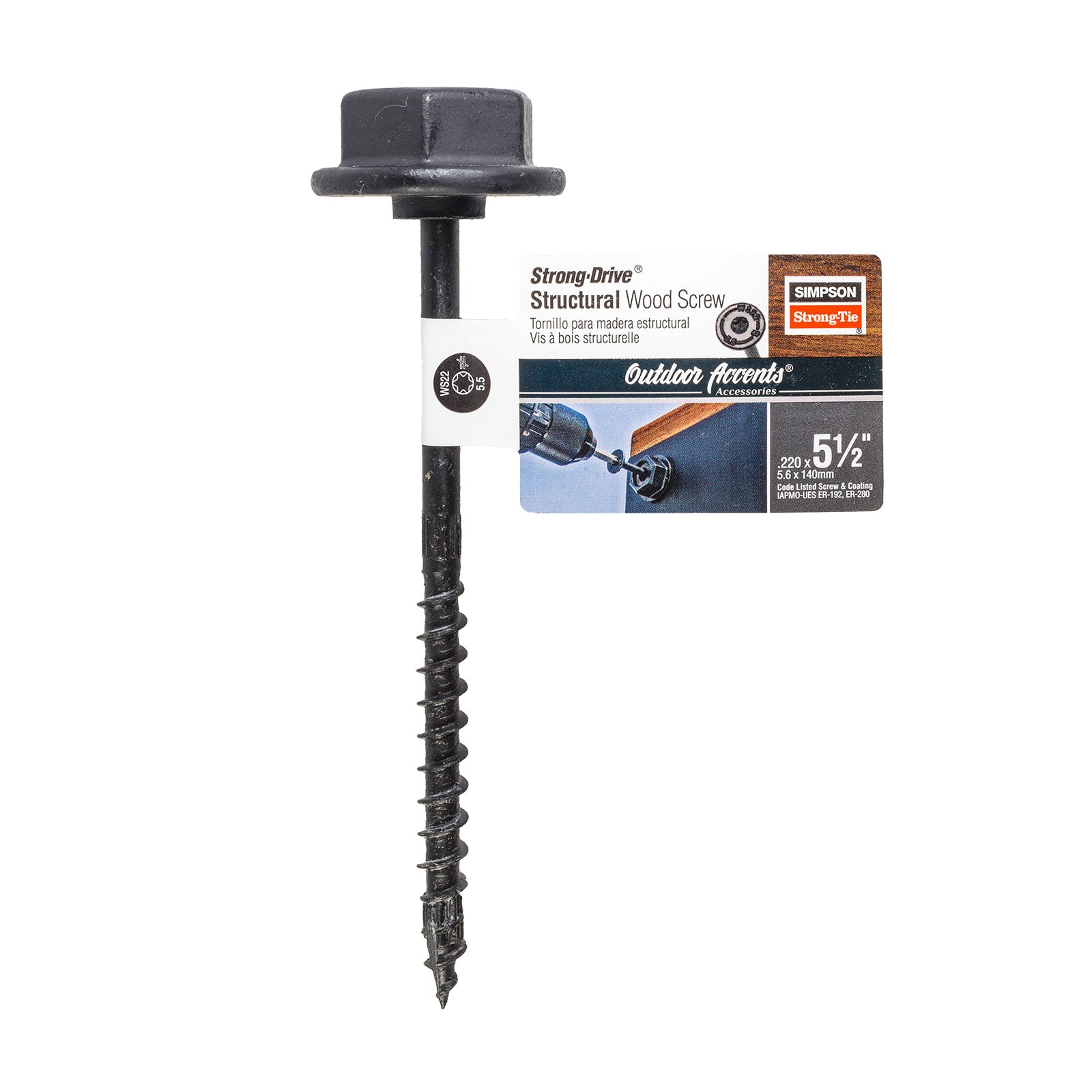 Simpson Strong Drive structural wood screw with packaging on a white background