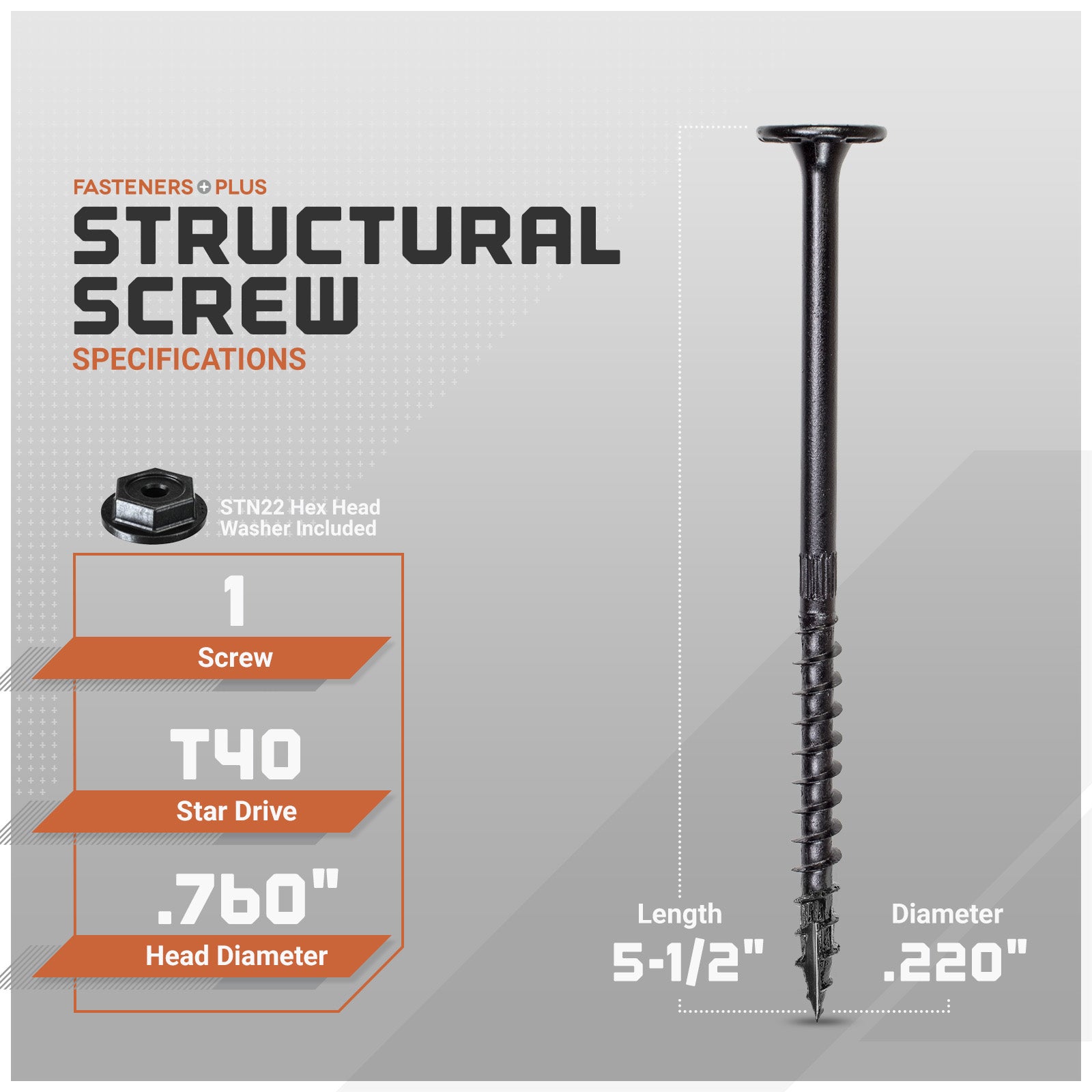 Structural screw with specifications on a gray background