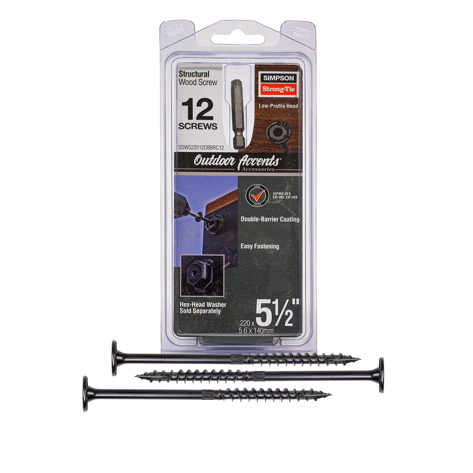 Package of Simpson Structural Wood Screws with two screws displayed in front on a white background