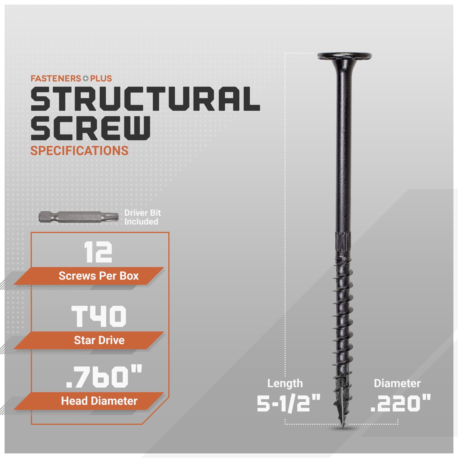 Structural screw with specifications on a gray background