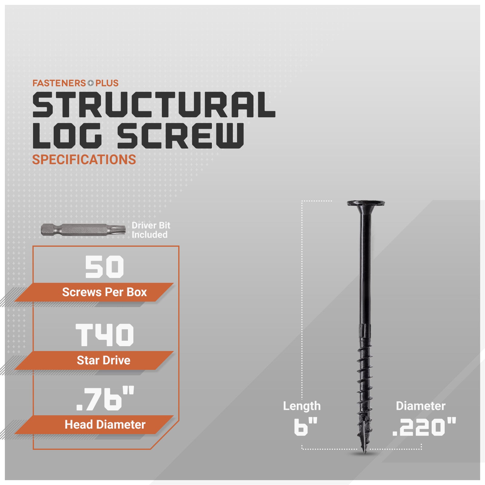 Structural log screw with specifications on a gray background