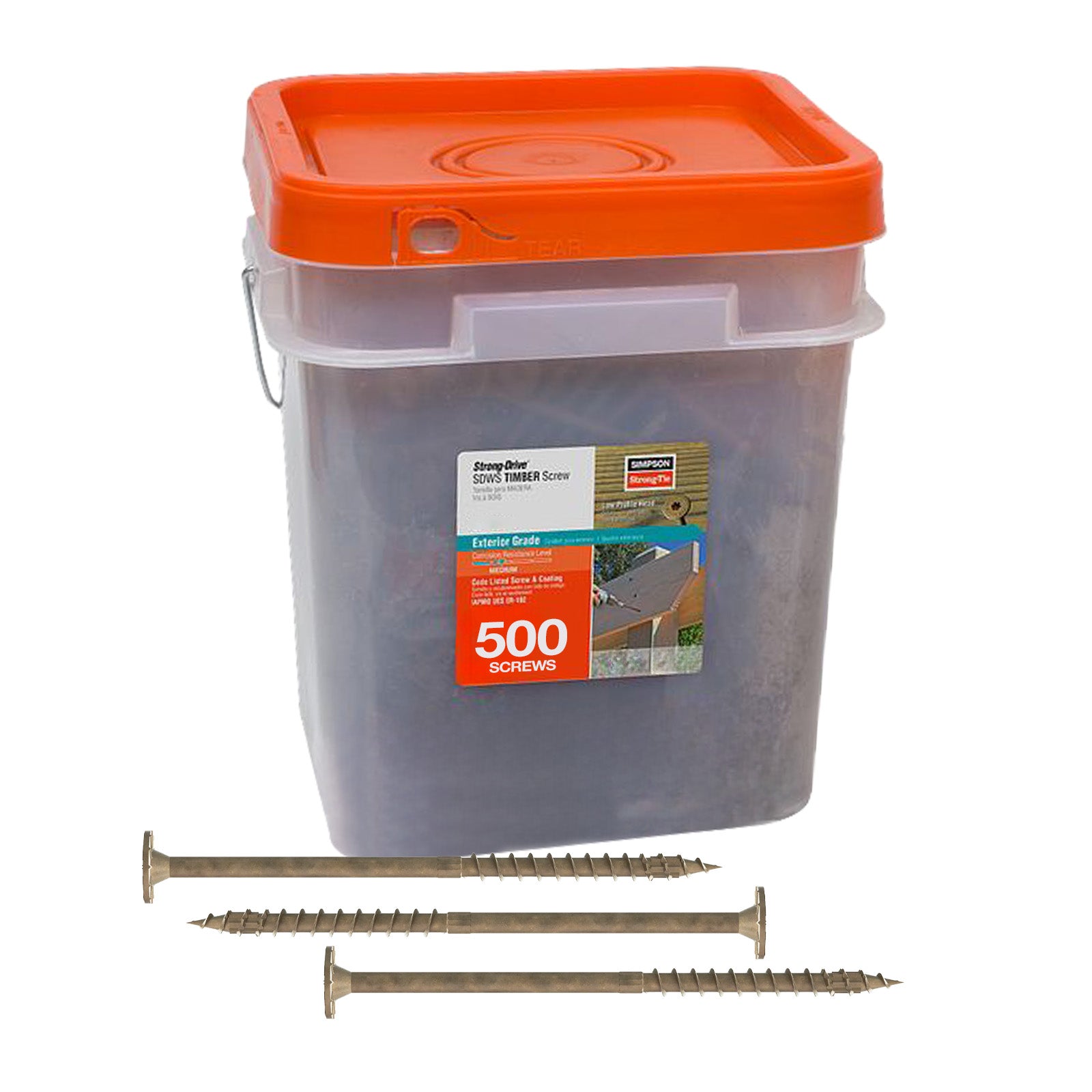 Bucket of screws with an orange lid and visible brand label on a white background