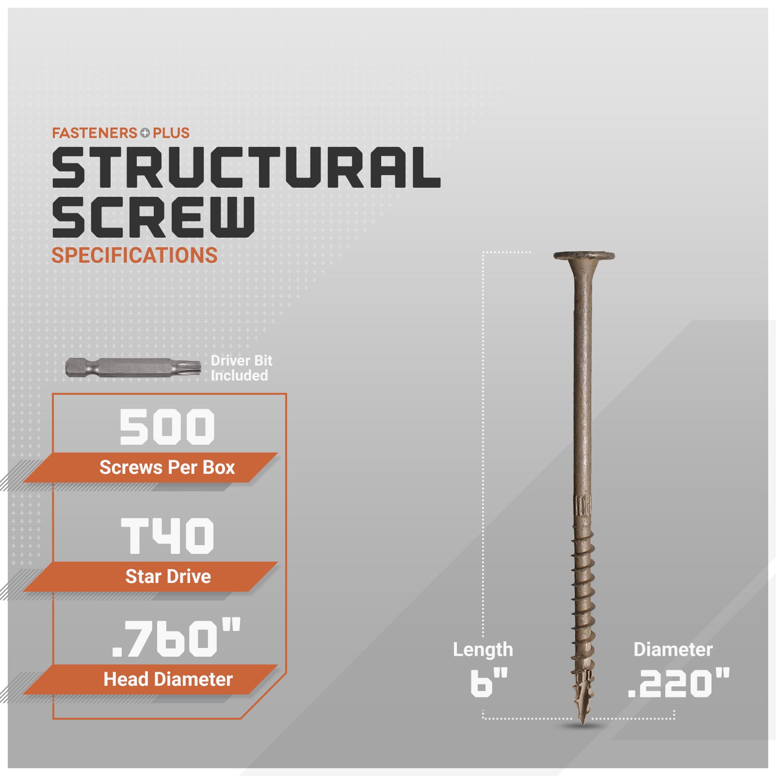 Structural screw with specifications on a gray background