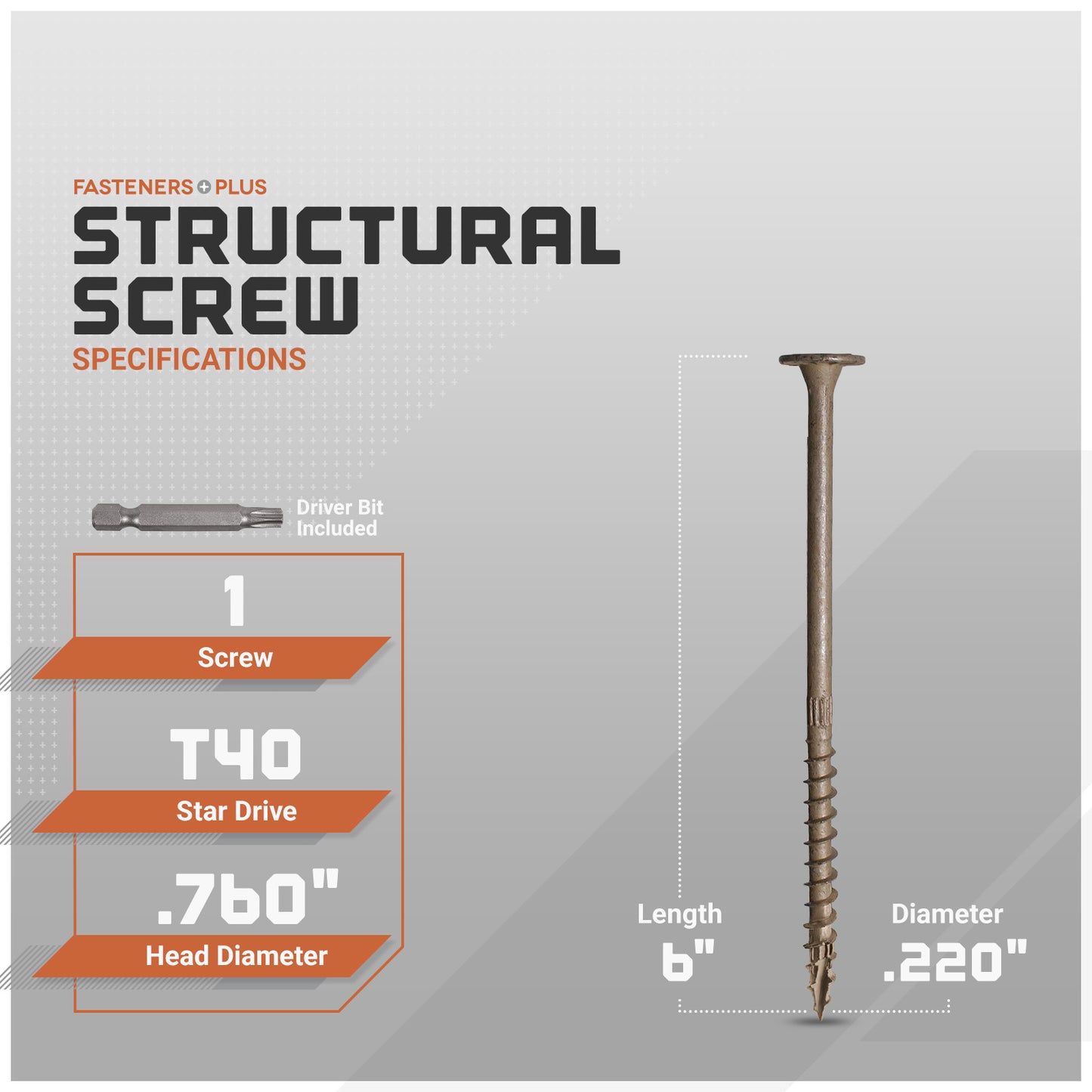 Structural screw with specifications on a gray background