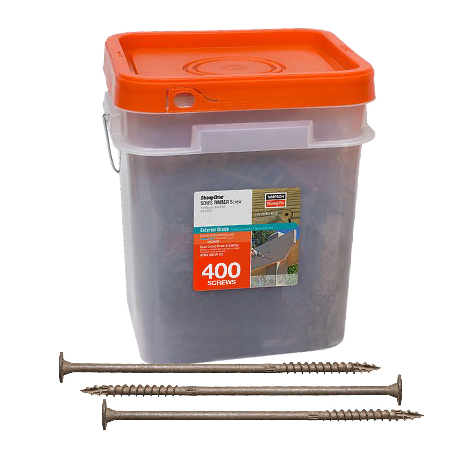Clear plastic bucket with orange lid containing screws, with screws displayed in front on a white background.