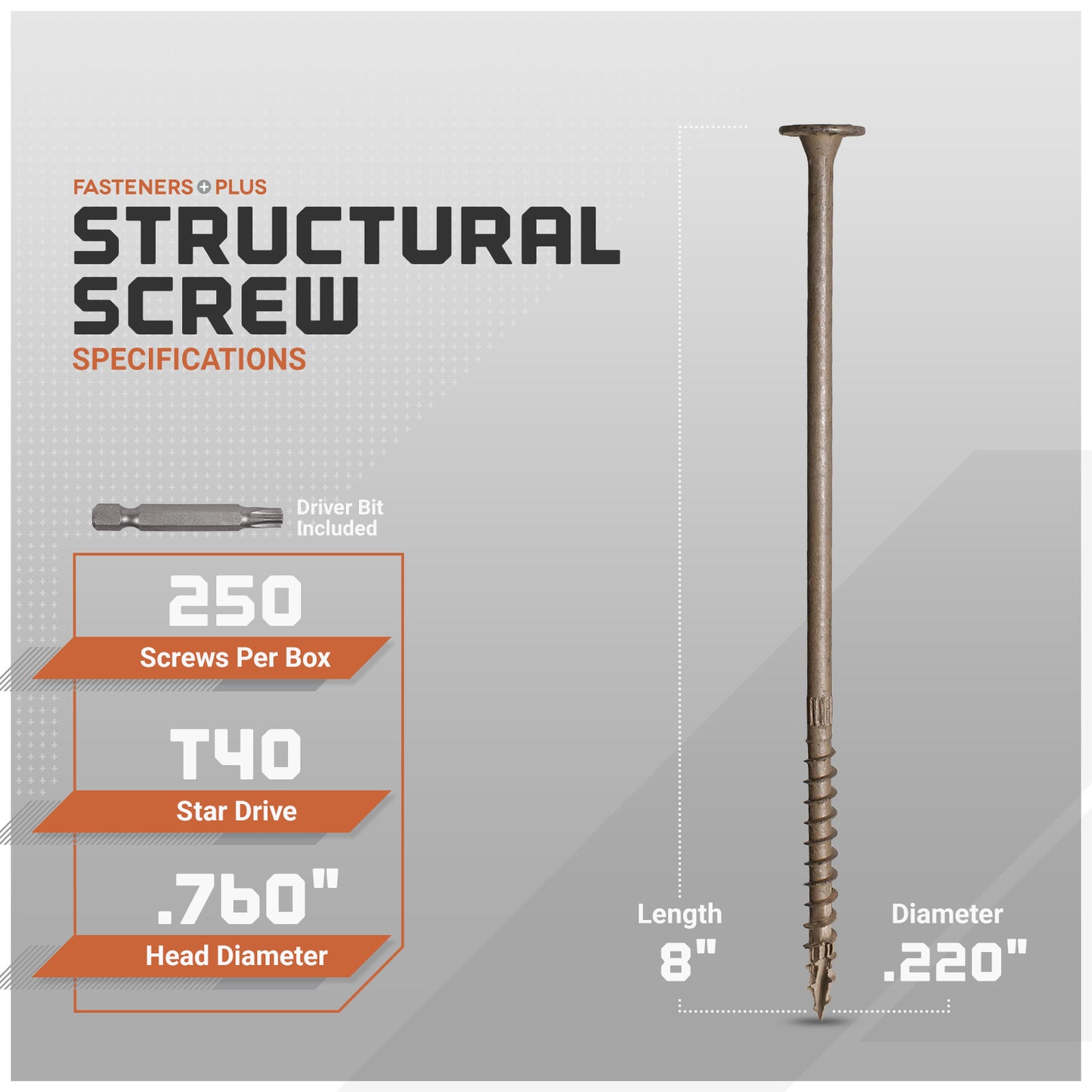 Structural screw with specifications on a gray background
