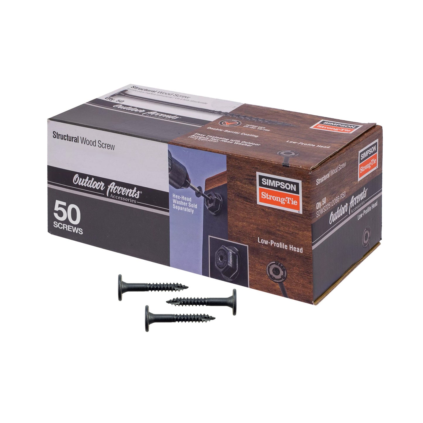 Box of Simpson Strong-Tie structural wood screws on a white background