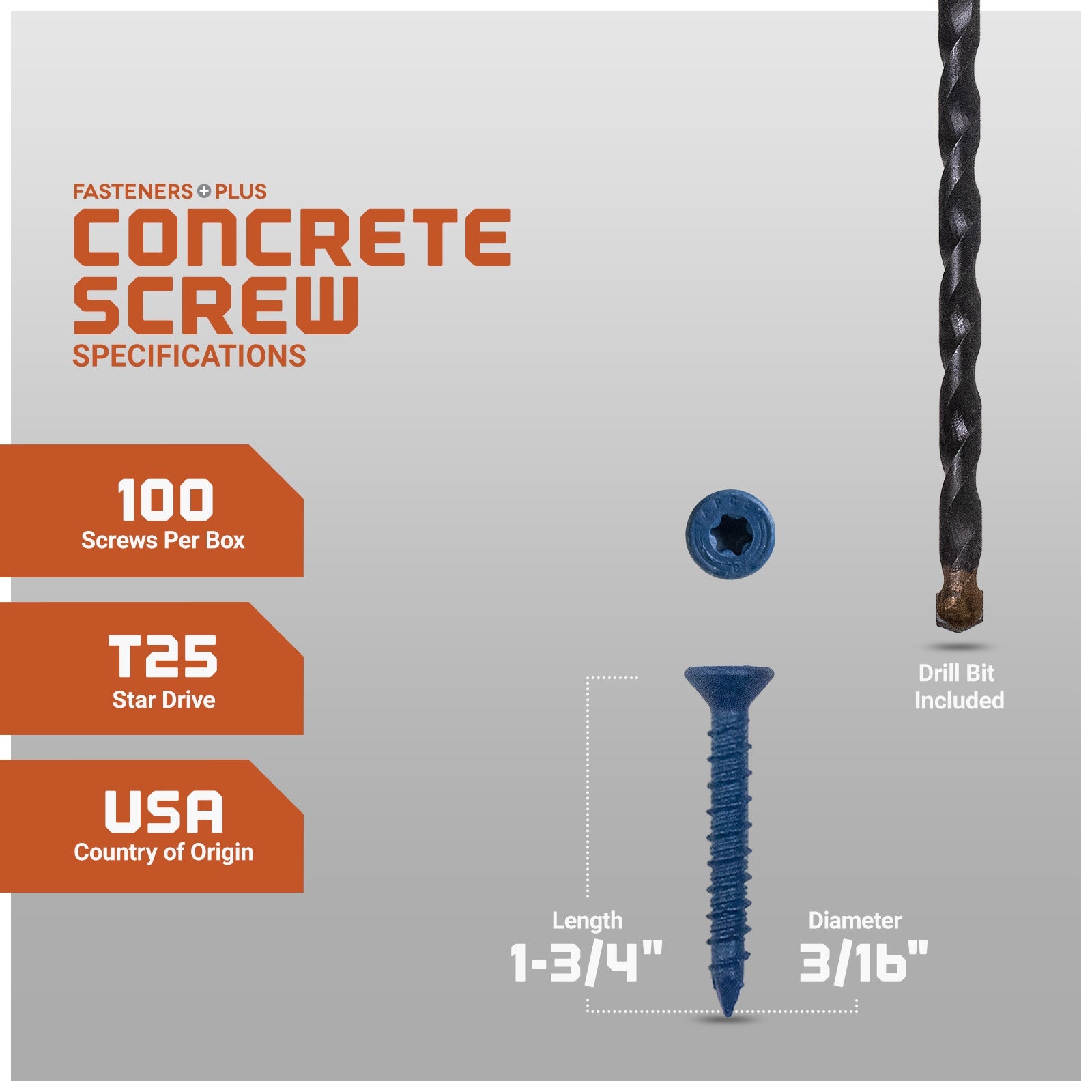 3/16" x 1-3/4" Tapcon Blue Flat Head Concrete Screw, T-25 Star Drive - Individual Dimensions