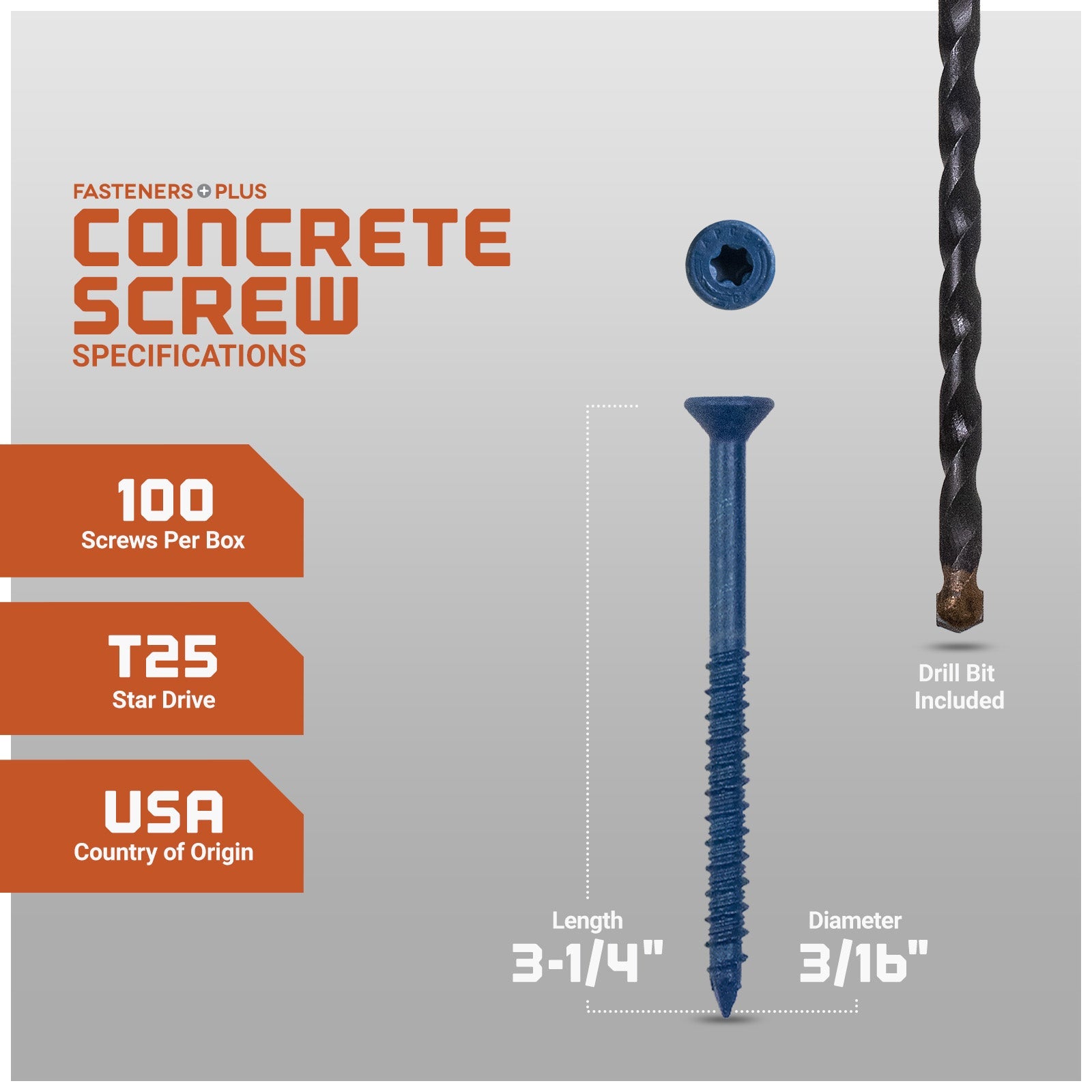 3/16" x 3-1/4" Tapcon Blue Flat Head Concrete Screw, T-25 Star Drive - Individual Dimensions