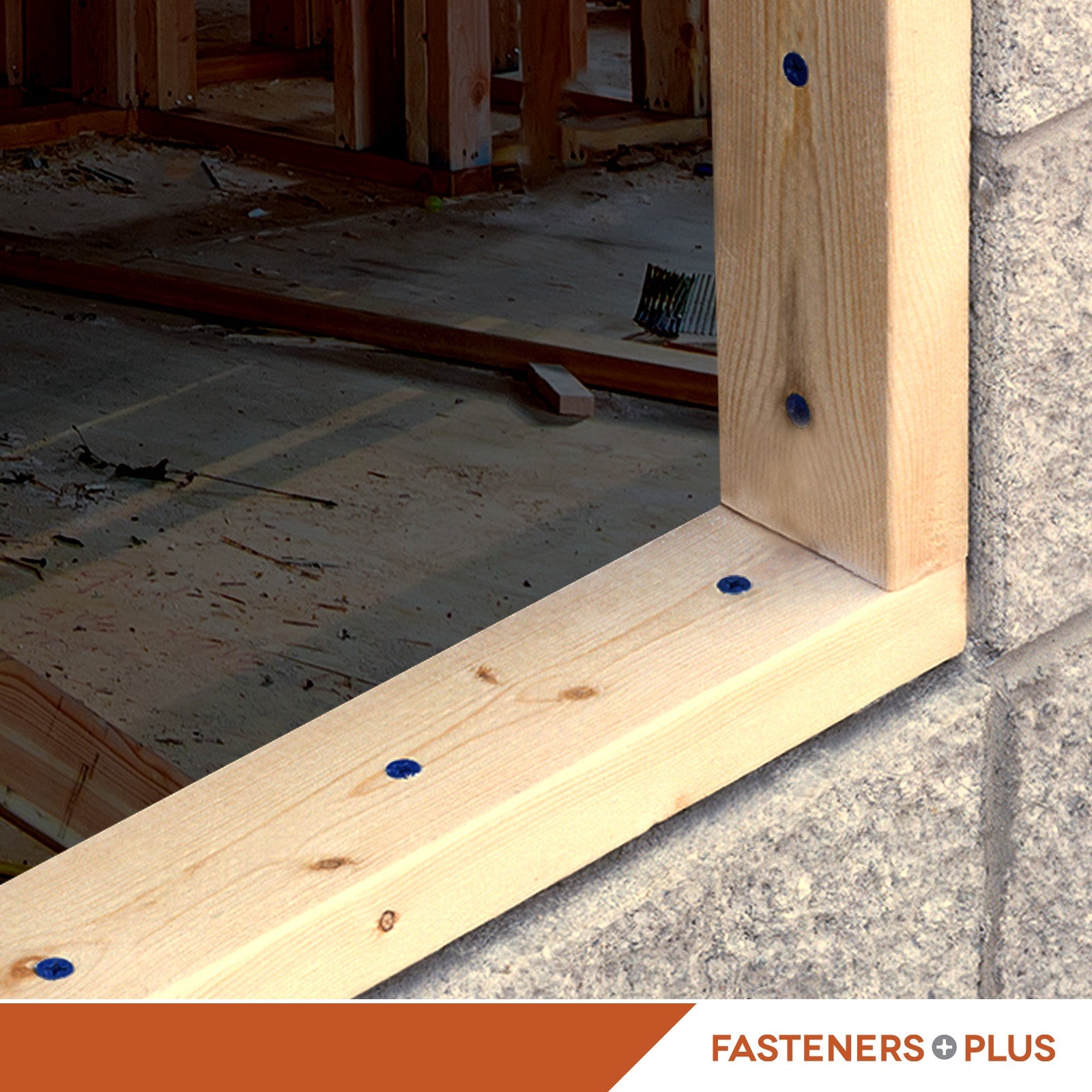 Wooden frame with fasteners in a construction setting, featuring 'Fasteners Plus' branding