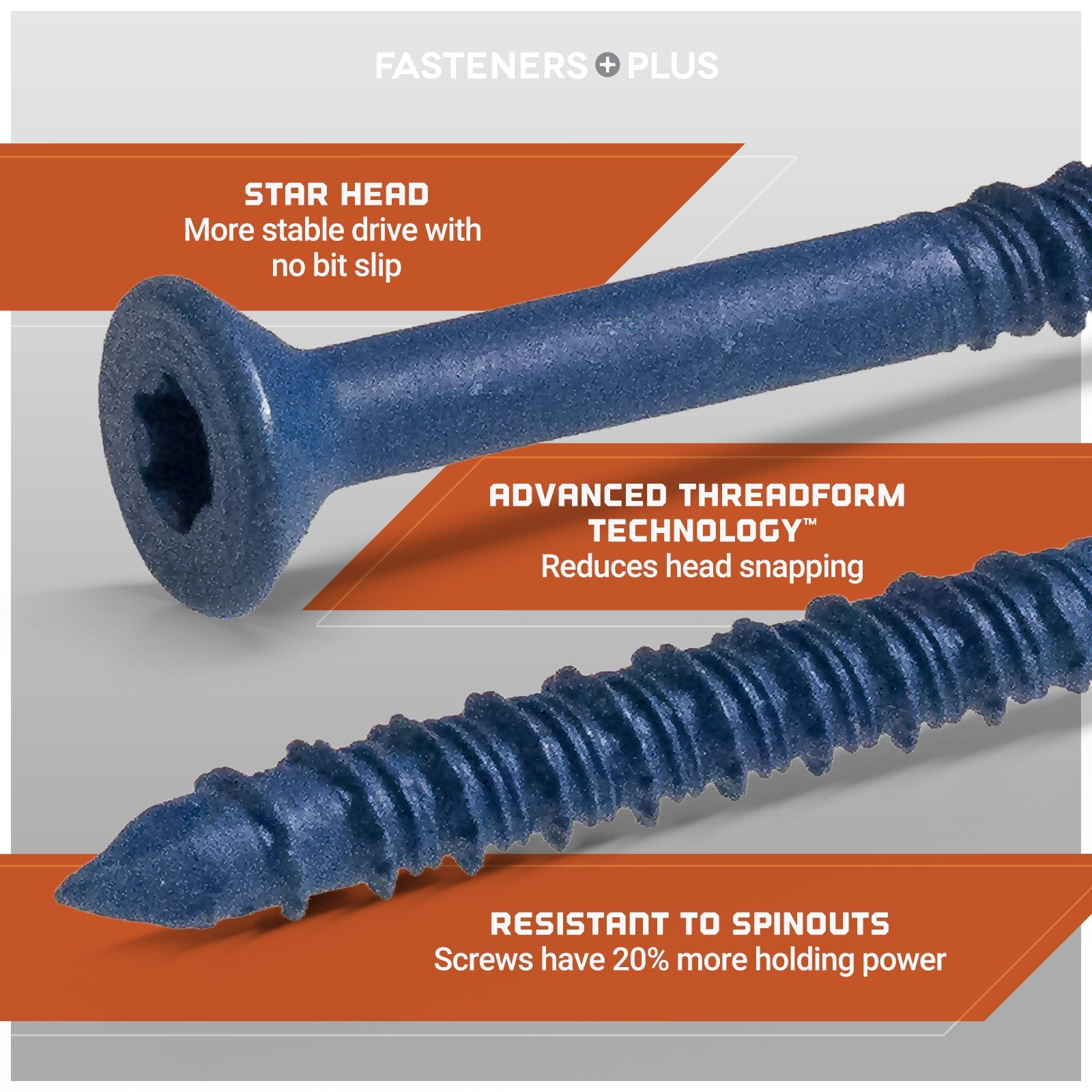 Features: star head, advanced threadform technology, resistant to spinouts