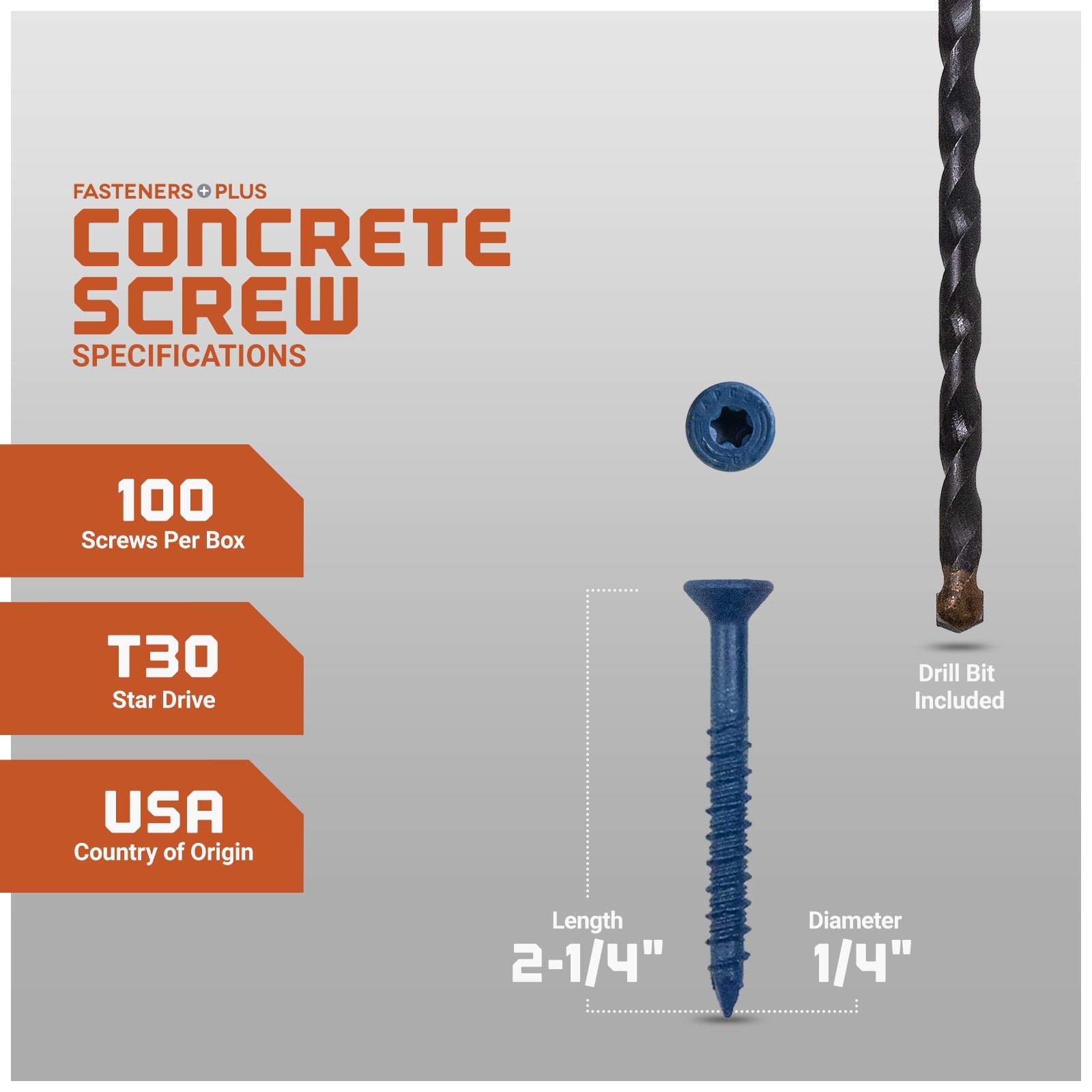 1/4" x 2-1/4" Tapcon Blue Flat Head Concrete Screw, T-30 Star Drive - Individual Dimensions