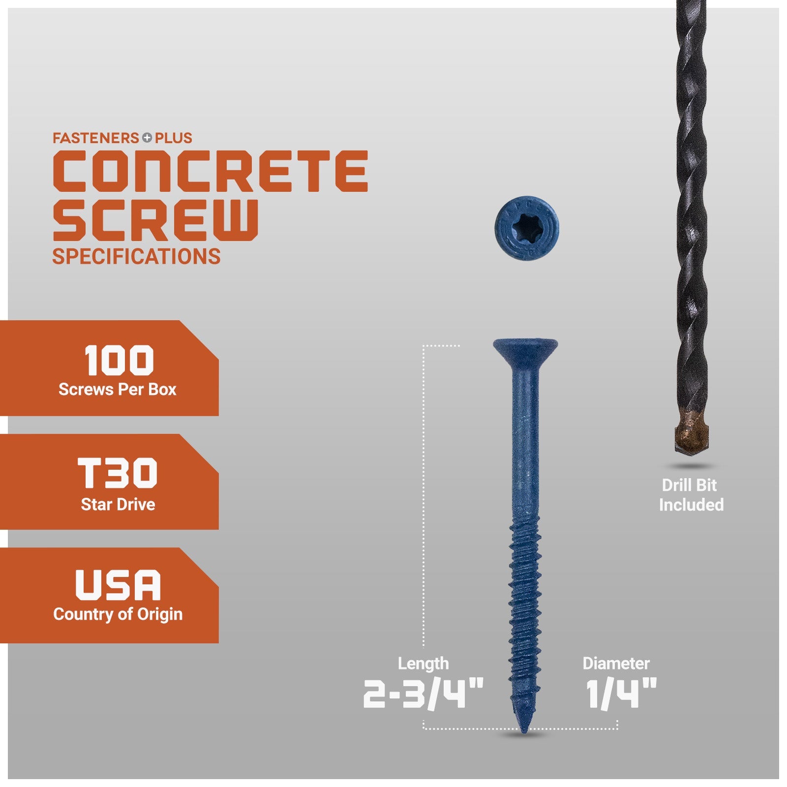 1/4" x 2-3/4" Tapcon Blue Flat Head Concrete Screw, T-30 Star Drive - Individual Dimensions