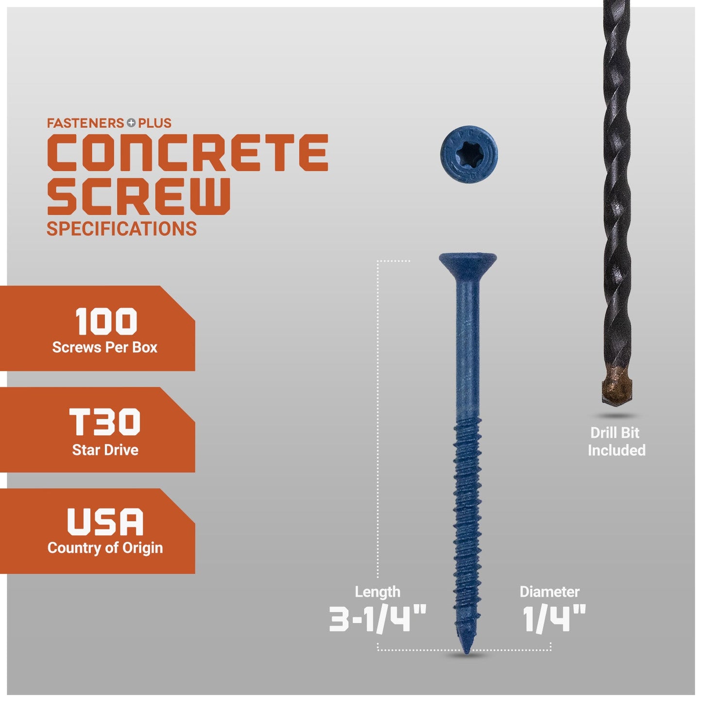 1/4" x 3-1/4" Tapcon Blue Flat Head Concrete Screw, T-30 Star Drive - Individual Dimensions