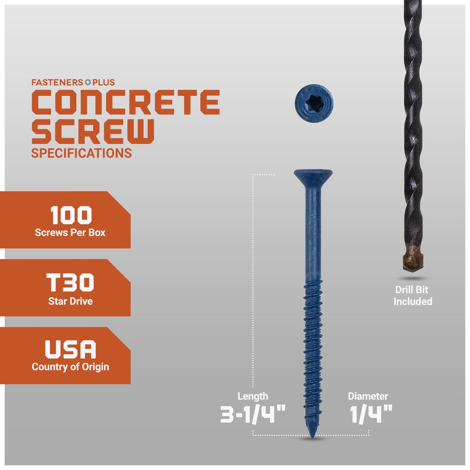 1/4" x 3-1/4" Tapcon Blue Flat Head Concrete Screw, T-30 Star Drive - Individual Dimensions