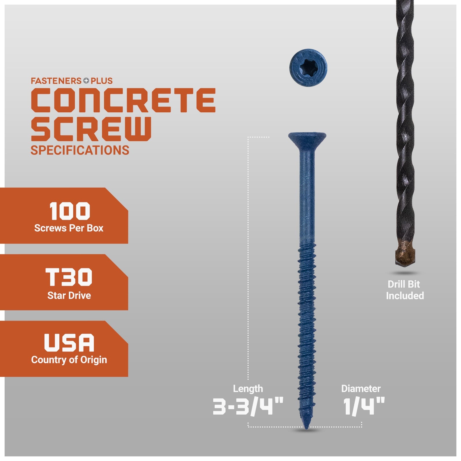 1/4" x 3-3/4" Tapcon Blue Flat Head Concrete Screw, T-30 Star Drive - Individual Dimensions