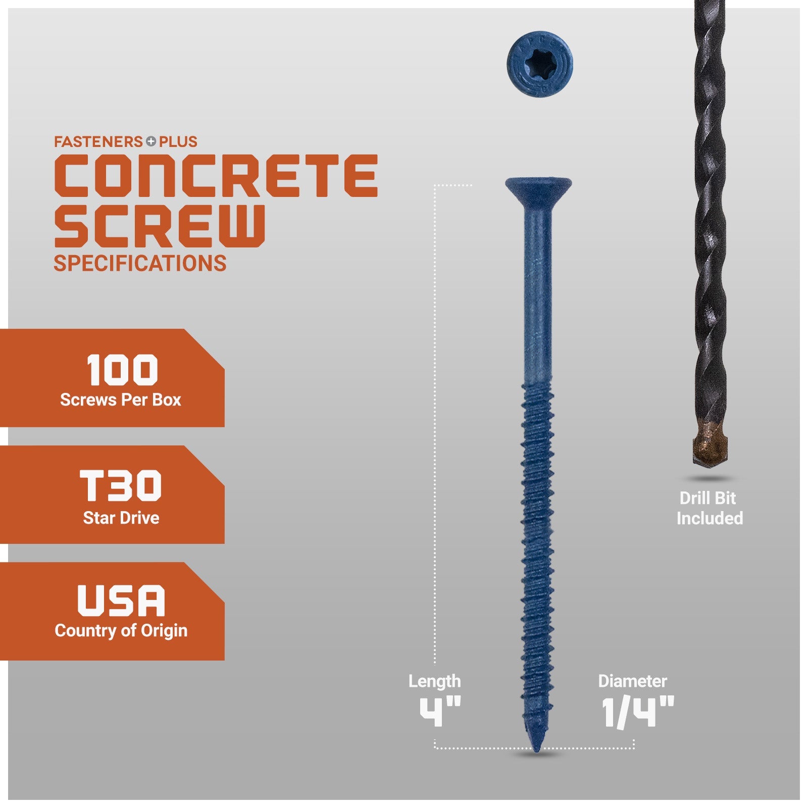 1/4" x 4" Tapcon Blue Flat Head Concrete Screw, T-30 Star Drive - Individual Dimensions