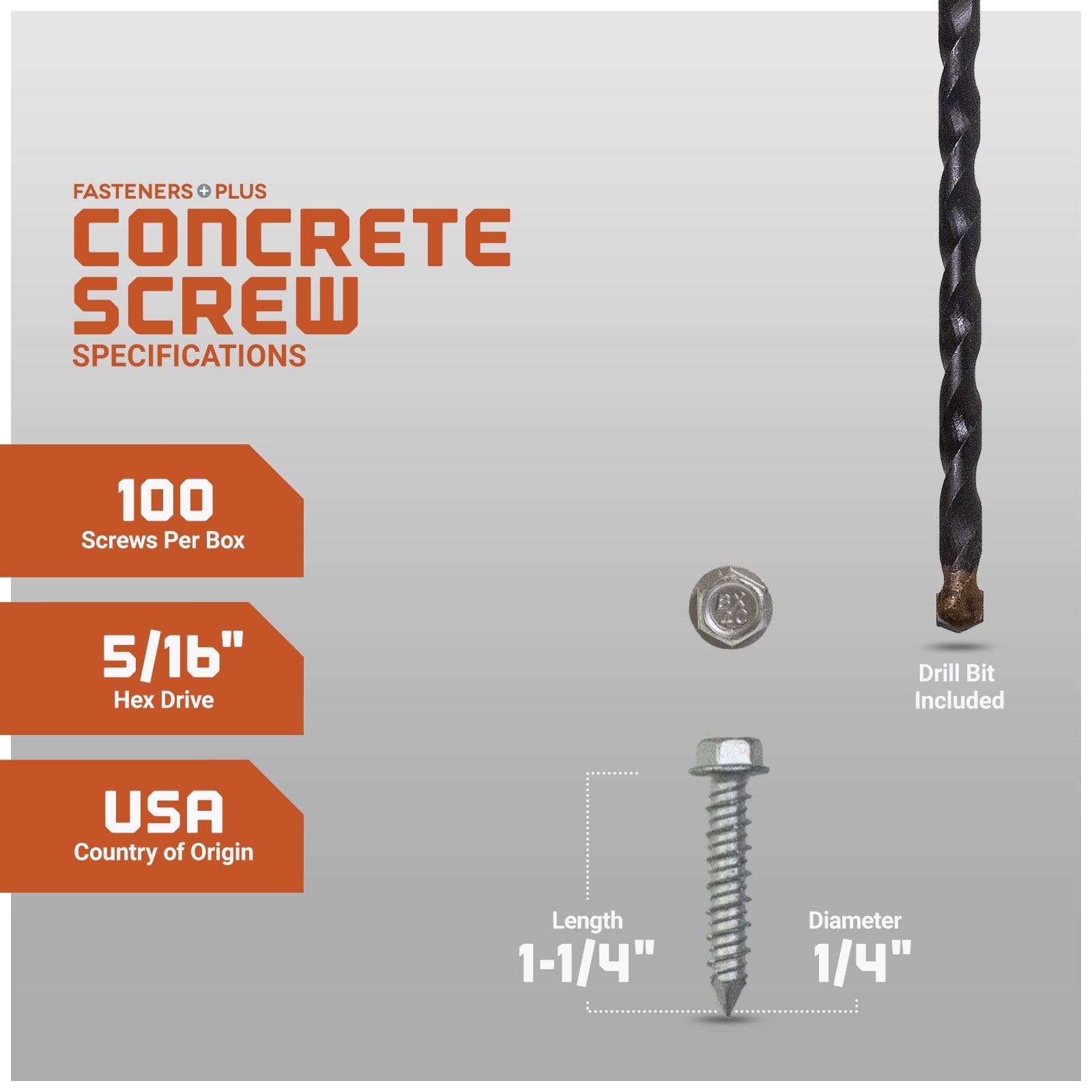 1/4" x 1-1/4" Tapcon 410 Stainless Steel Concrete Screw, Hex Head - Single Dimensions