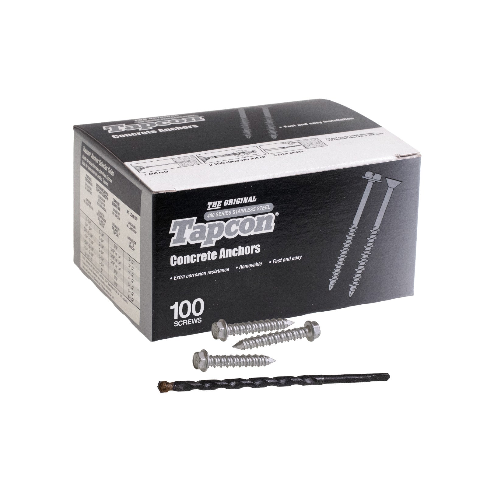 1/4" x 1-1/4" Tapcon 410 Stainless Steel Concrete Screw, Hex Head, Pkg 100