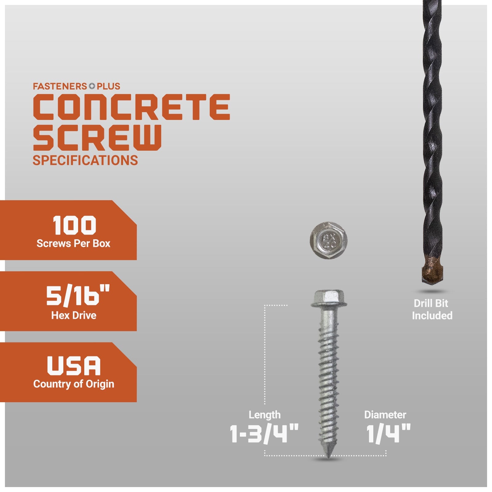 1/4" x 1-3/4" Tapcon 410 Stainless Steel Concrete Screw, Hex Head - Single Dimensions