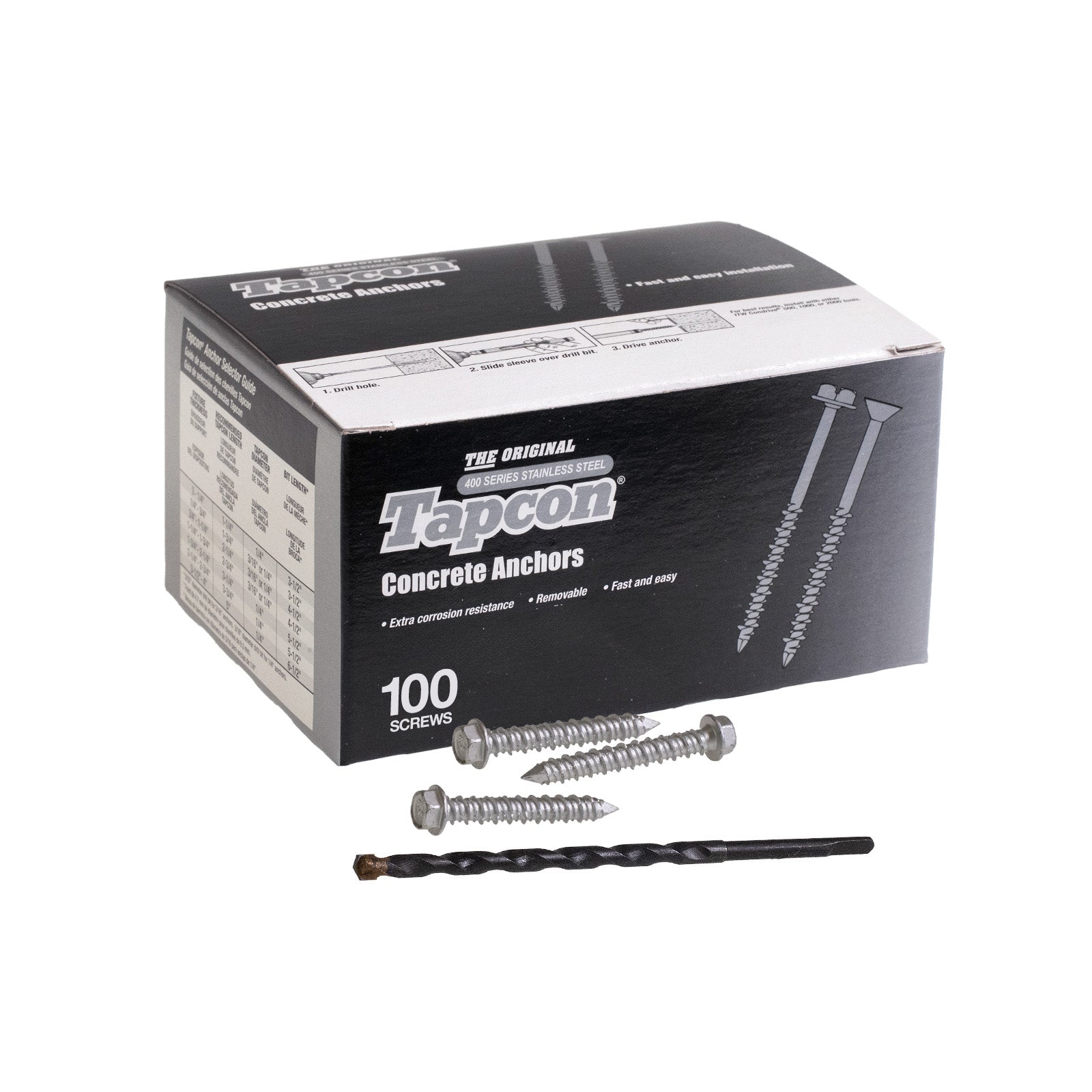 1/4" x 1-3/4" Tapcon 410 Stainless Steel Concrete Screw, Hex Head, Pkg 100