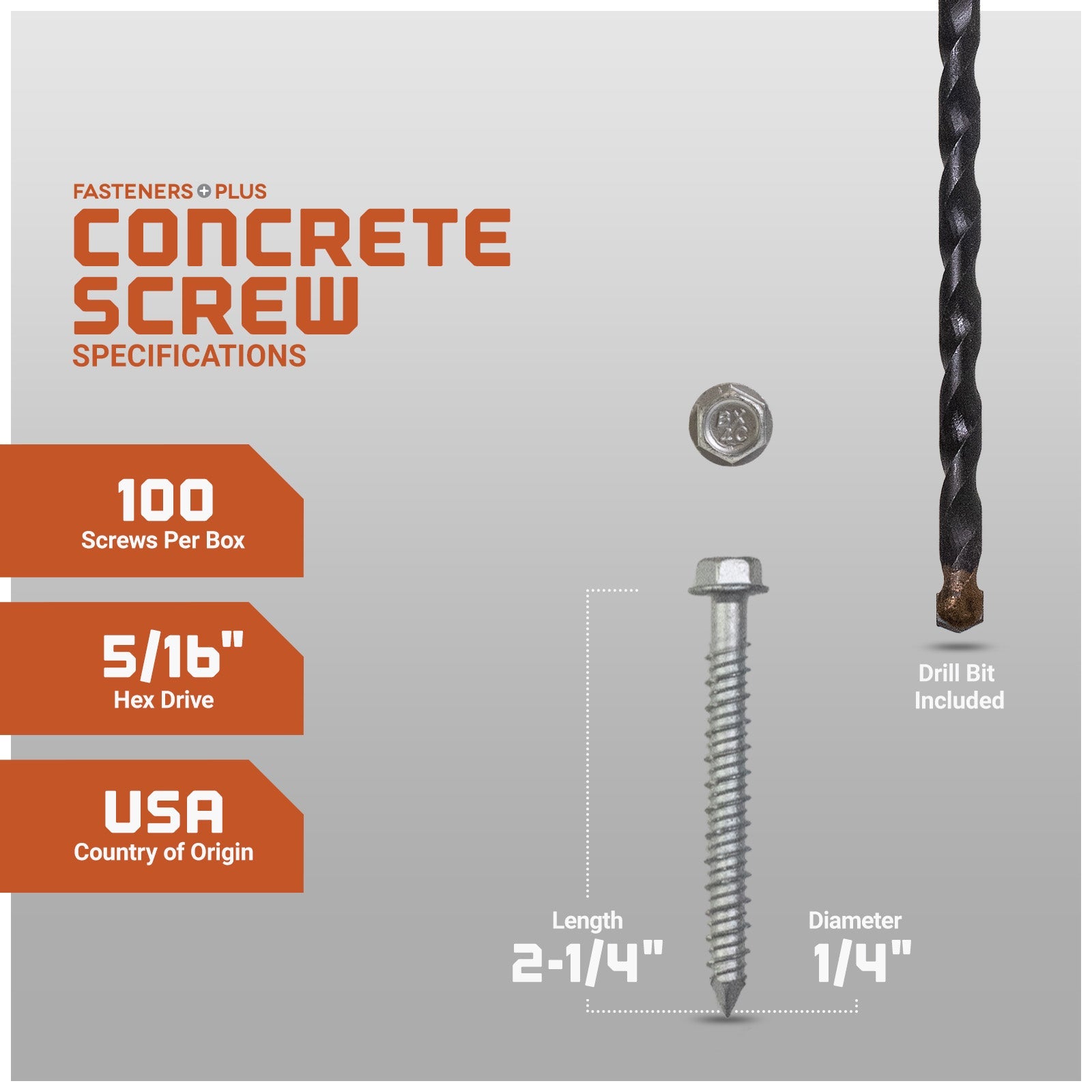 1/4" x 2-1/4" Tapcon 410 Stainless Steel Concrete Screw, Hex Head - Single Dimensions