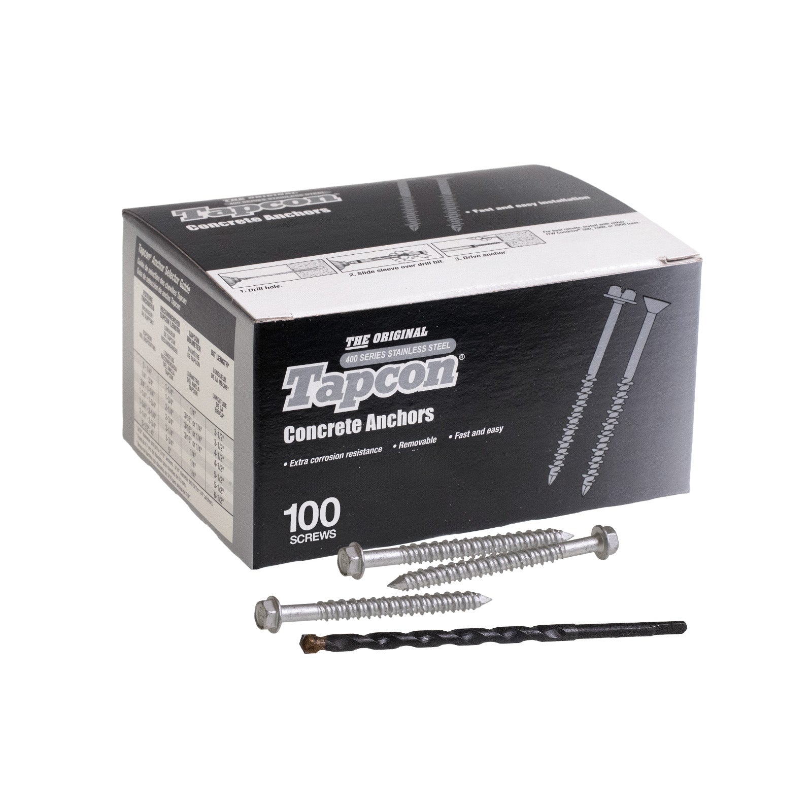 1/4" x 2-3/4" Tapcon 410 Stainless Steel Concrete Screw, Hex Head, Pkg 100