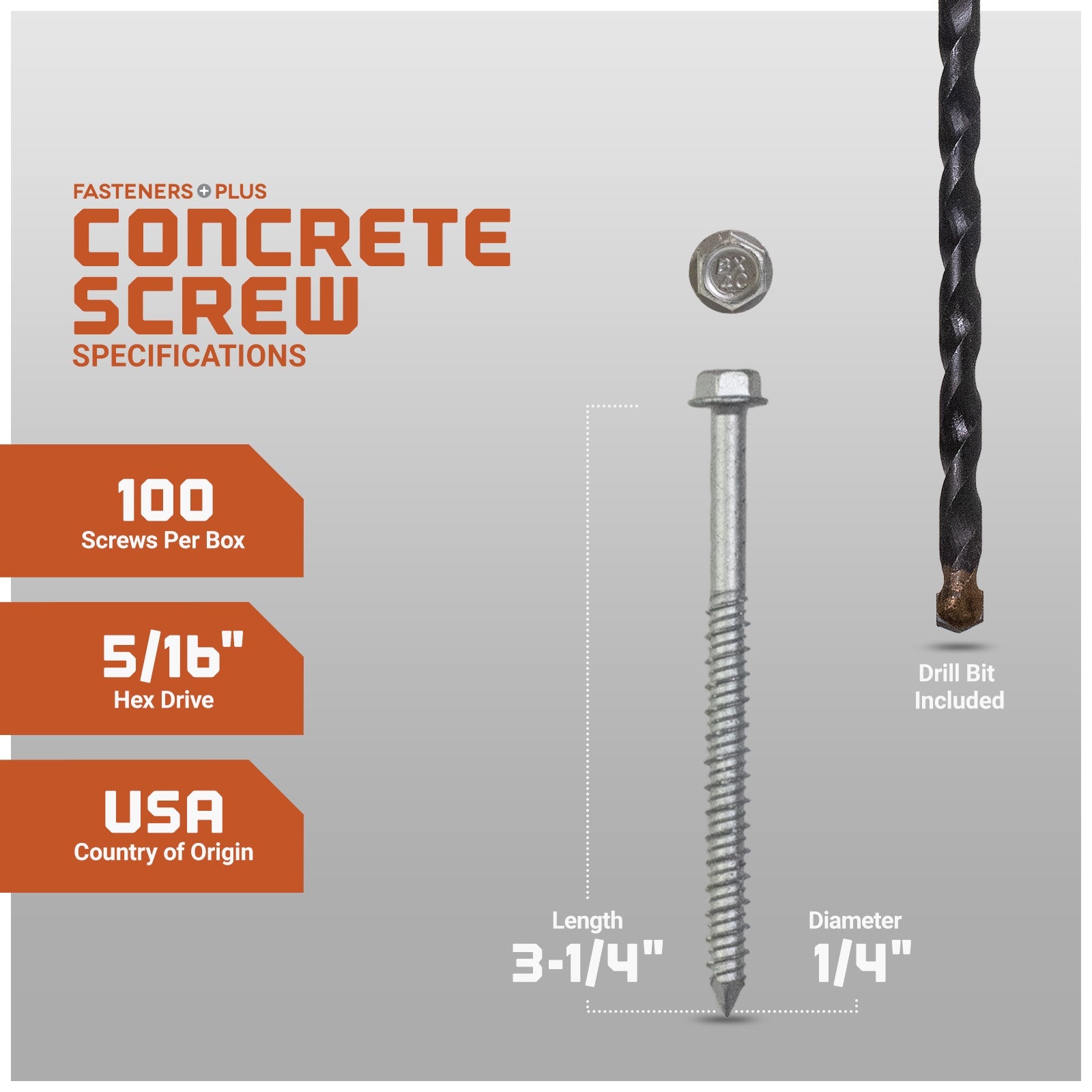 1/4" x 3-1/4" Tapcon 410 Stainless Steel Concrete Screw, Hex Head - Single Dimensions