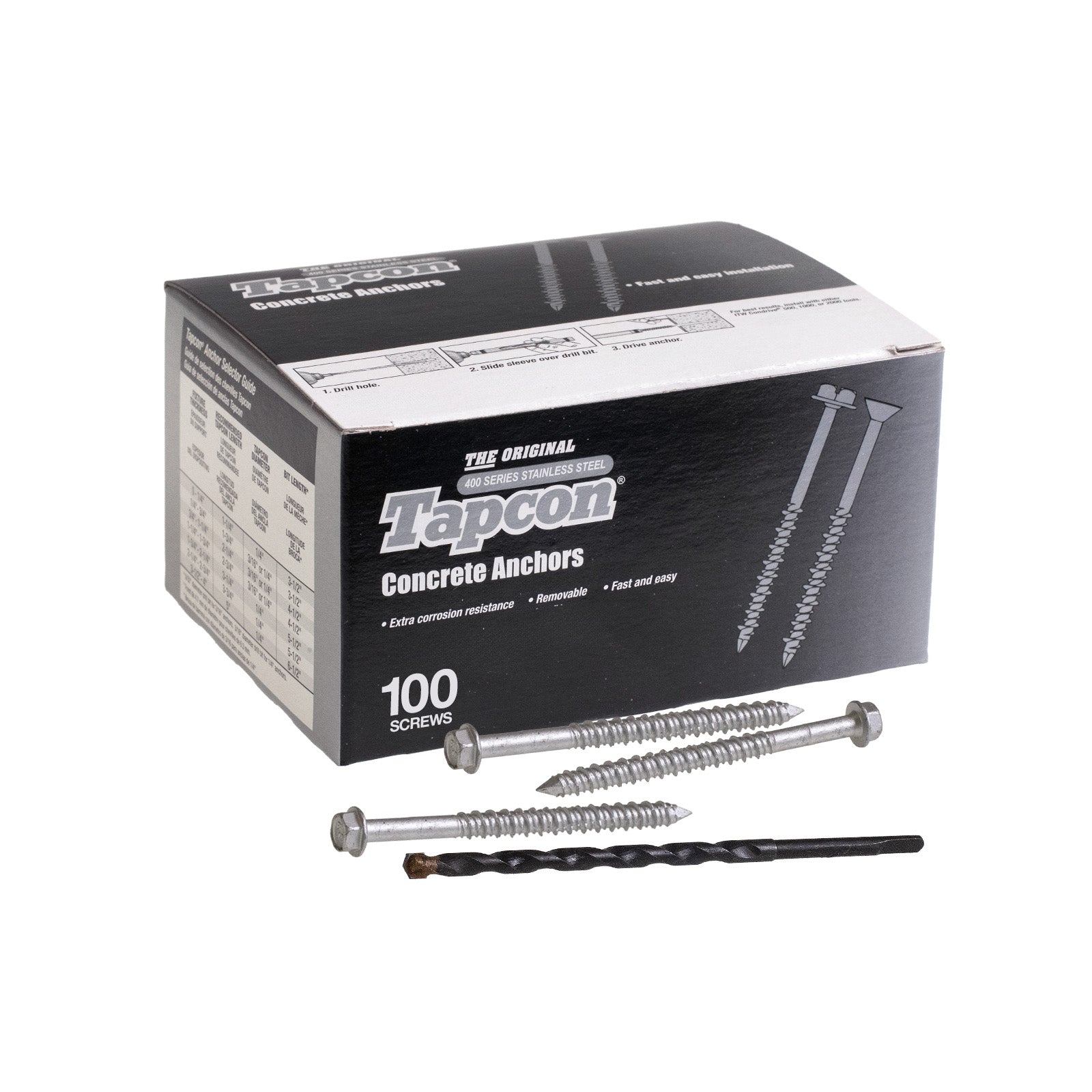 1/4" x 3-1/4" Tapcon 410 Stainless Steel Concrete Screw, Hex Head, Pkg 100