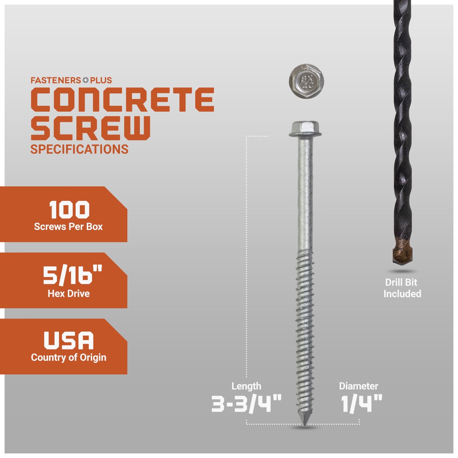 1/4" x 3-3/4" Tapcon 410 Stainless Steel Concrete Screw, Hex Head - Single Dimensions