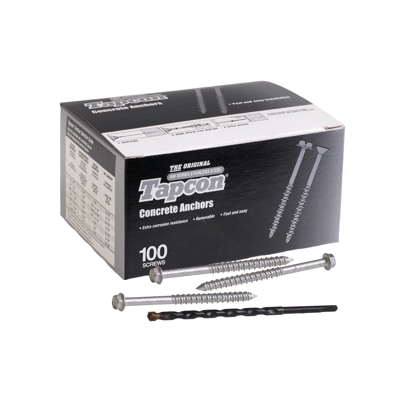 1/4" x 3-3/4" Tapcon 410 Stainless Steel Concrete Screw, Hex Head, Pkg 100