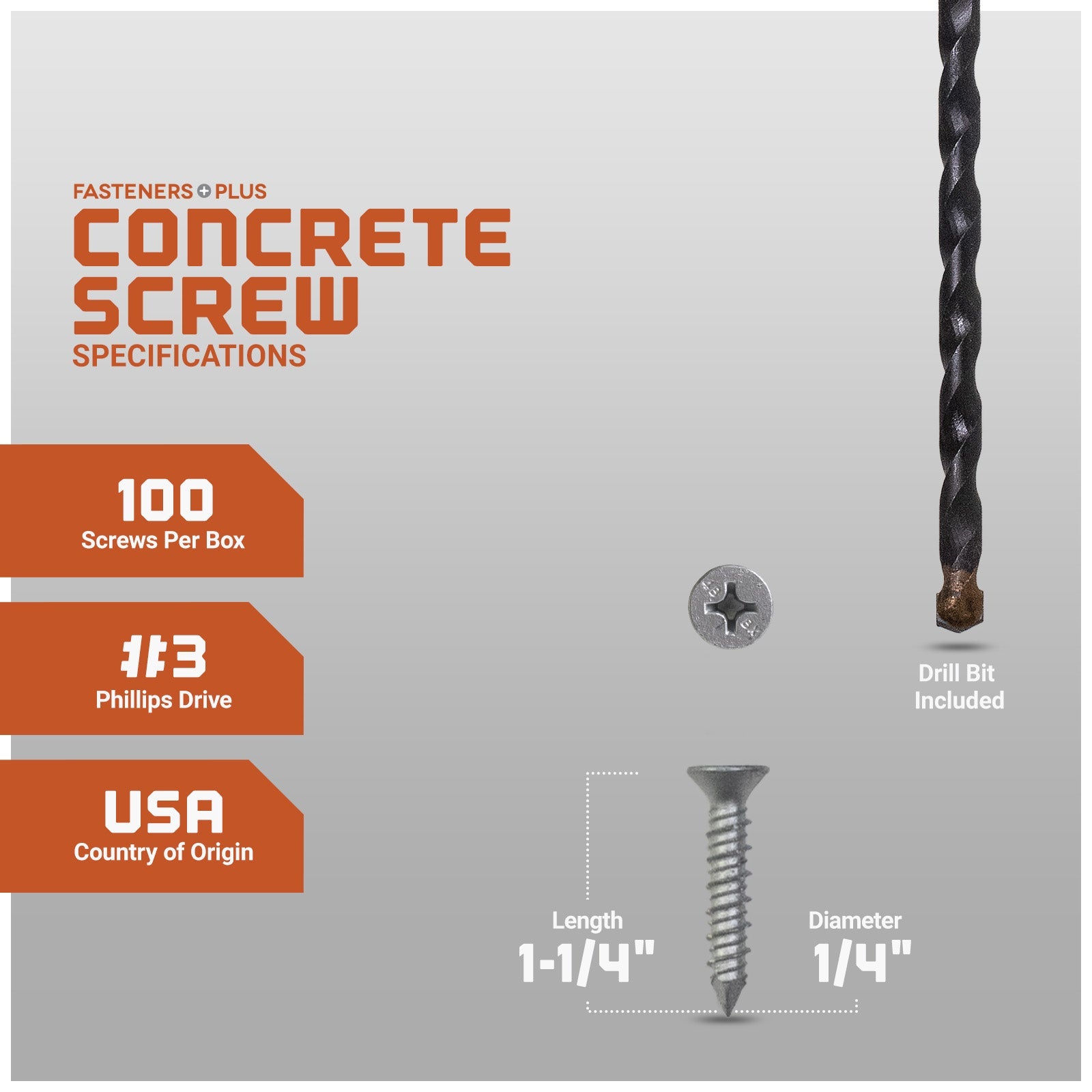 1/4" x 1-1/4" Tapcon 410 Stainless Steel Concrete Screw, Phillips Flat - Single Dimensions