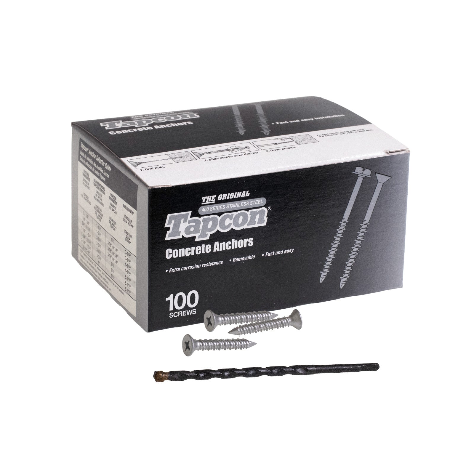 1/4" x 1-1/4" Tapcon 410 Stainless Steel Concrete Screw, Phillips Flat, Pkg 100