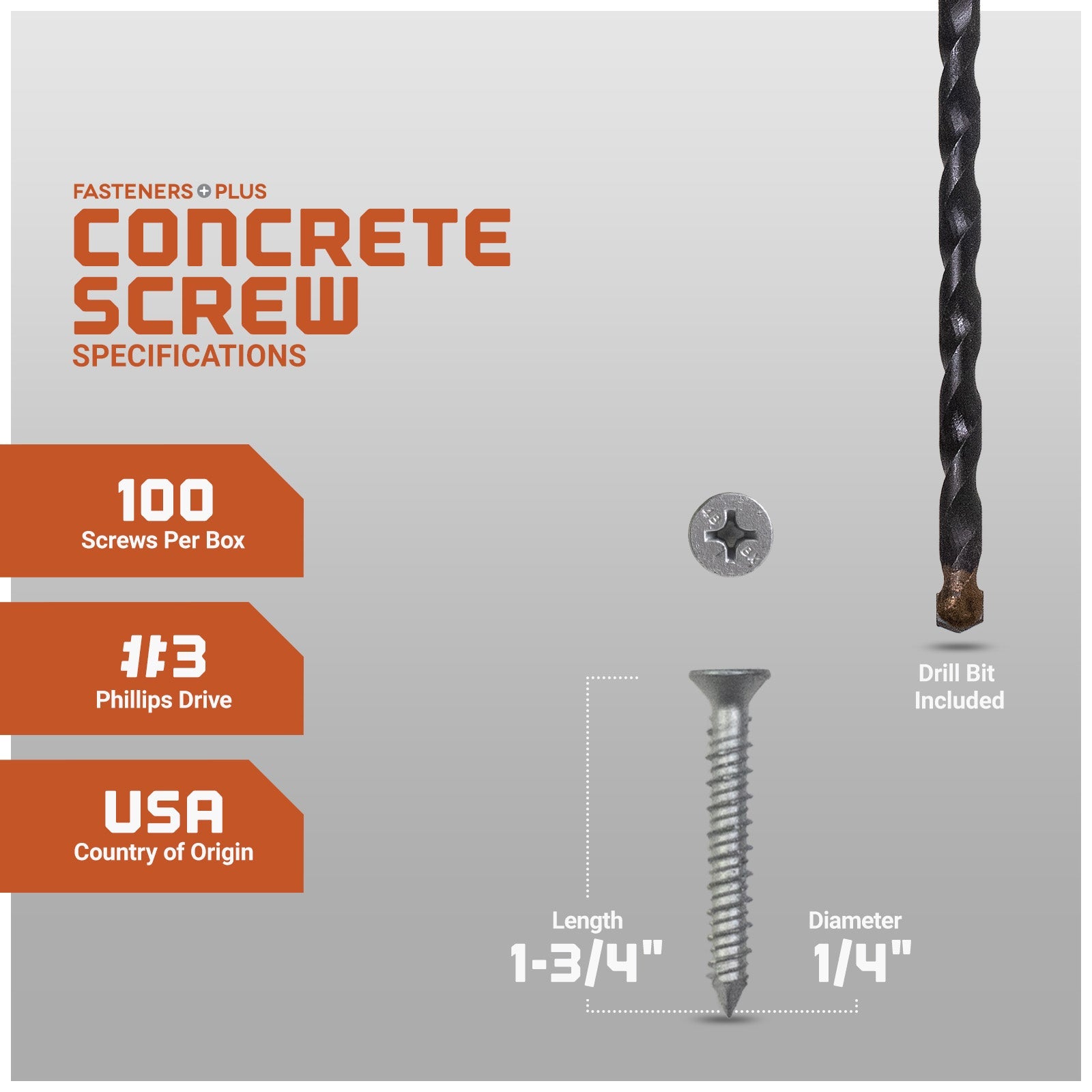1/4" x 1-3/4" Tapcon 410 Stainless Steel Concrete Screw, Phillips Flat - Single Dimensions