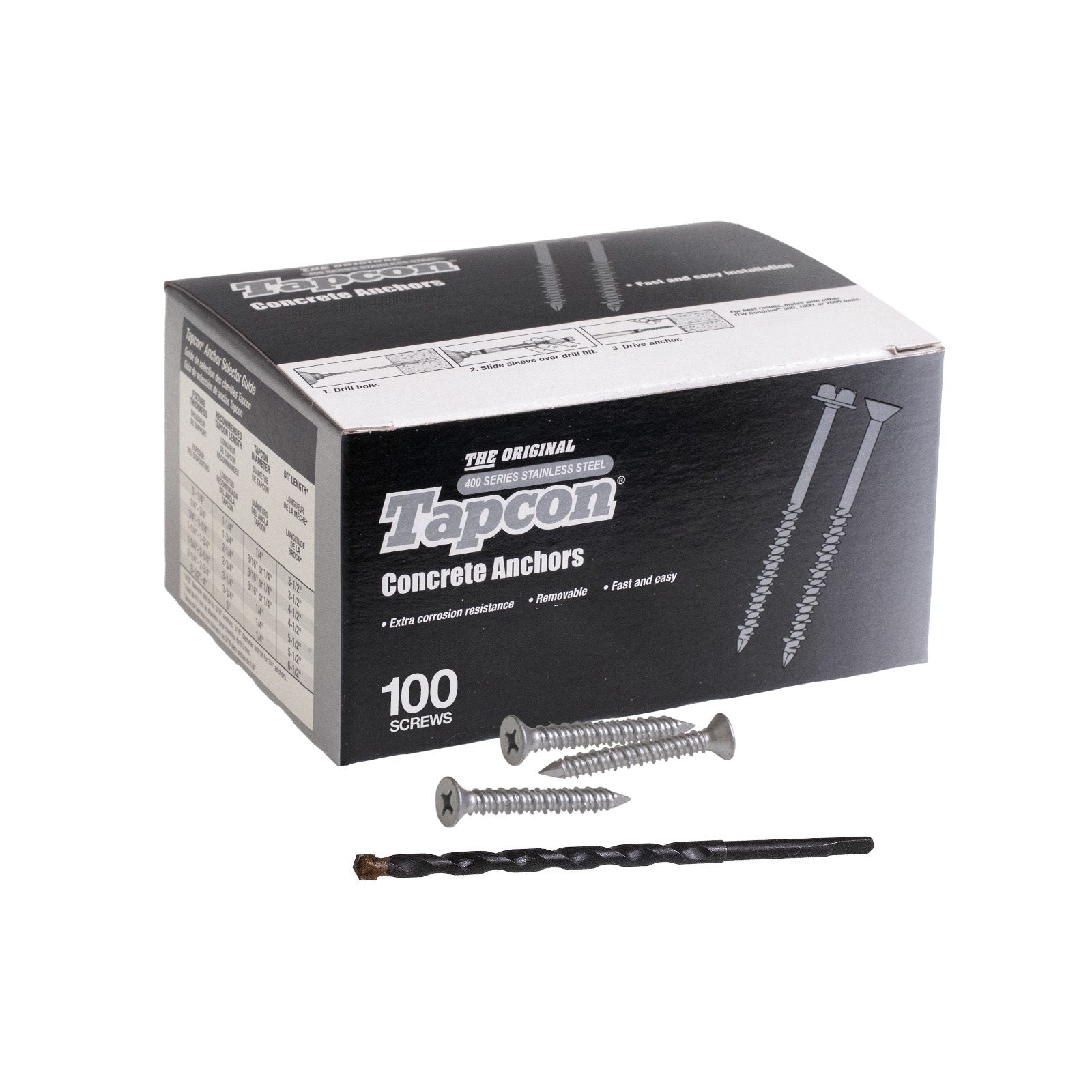 1/4" x 1-3/4" Tapcon 410 Stainless Steel Concrete Screw, Phillips Flat, Pkg 100