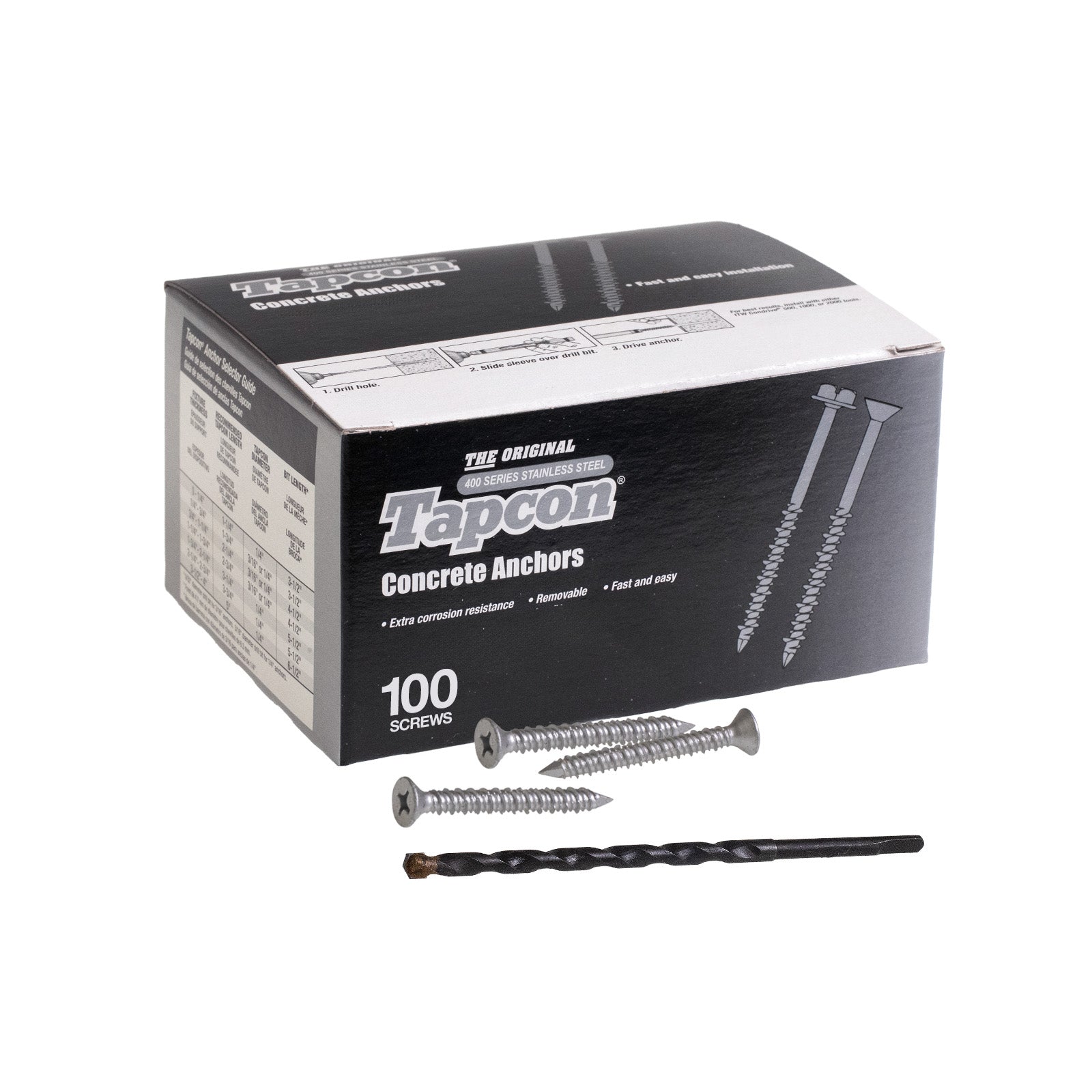 1/4" x 2-1/4" Tapcon 410 Stainless Steel Concrete Screw, Phillips Flat, Pkg 100