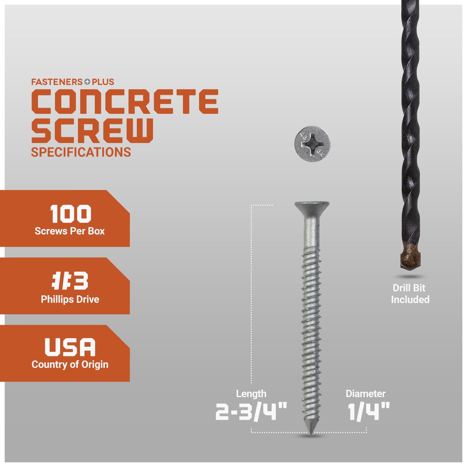 1/4" x 2-3/4" Tapcon 410 Stainless Steel Concrete Screw, Phillips Flat - Single Dimensions
