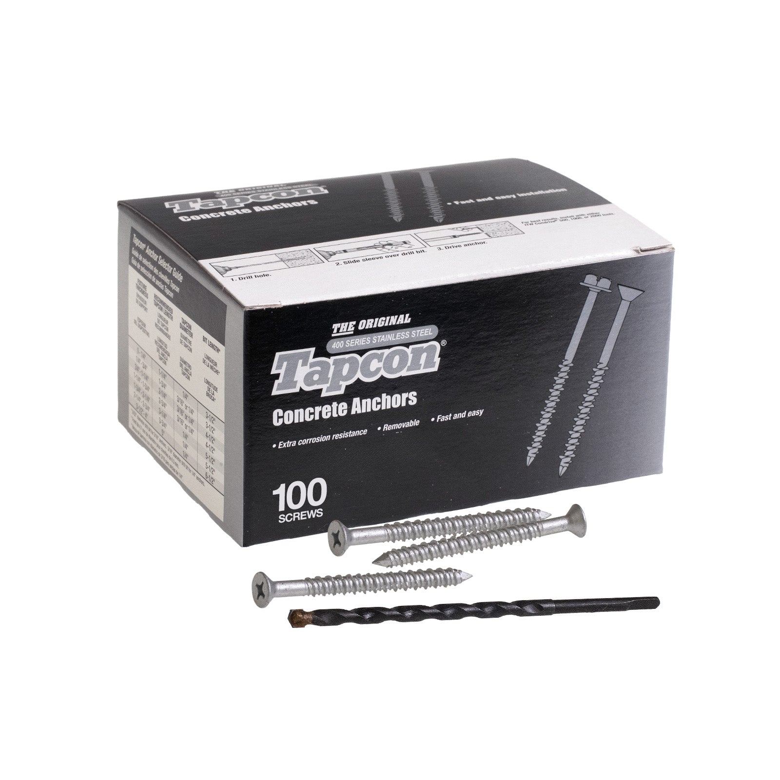 1/4" x 2-3/4" Tapcon 410 Stainless Steel Concrete Screw, Phillips Flat, Pkg 100