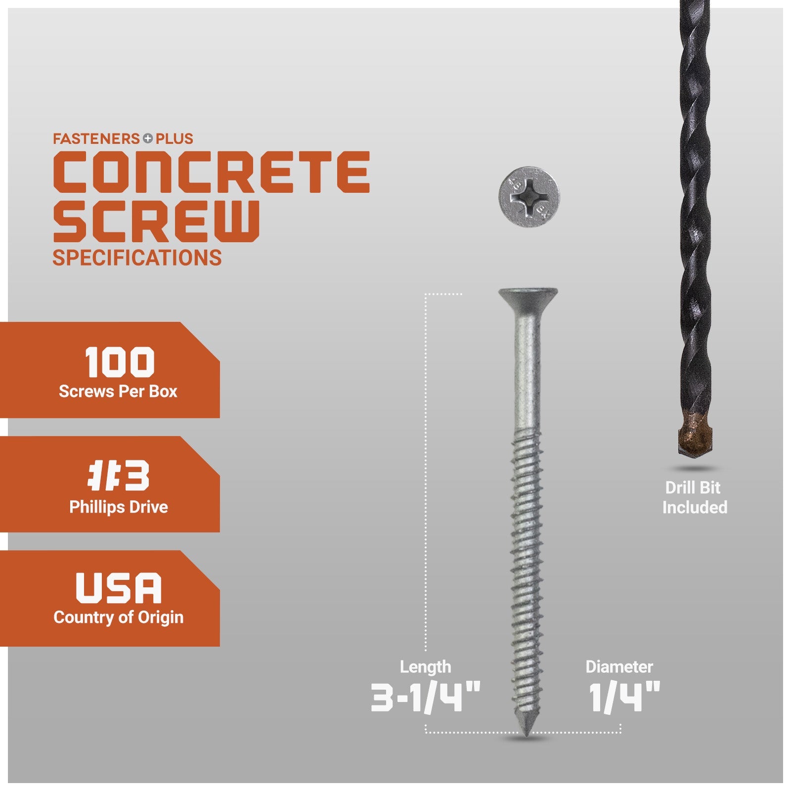 1/4" x 3-1/4" Tapcon 410 Stainless Steel Concrete Screw, Phillips Flat - Single Dimensions