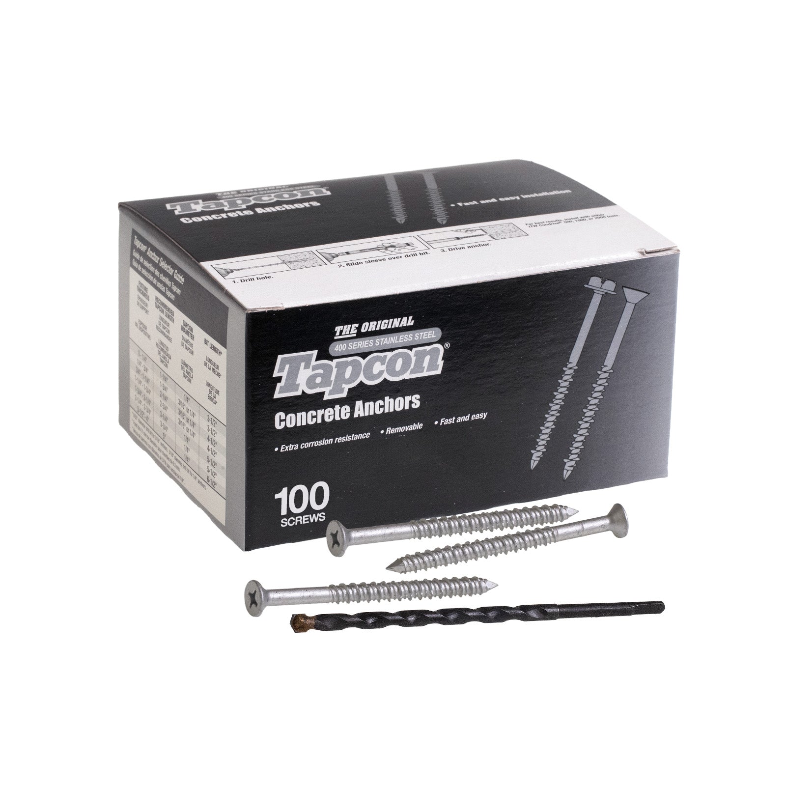 1/4" x 3-1/4" Tapcon 410 Stainless Steel Concrete Screw, Phillips Flat, Pkg 100