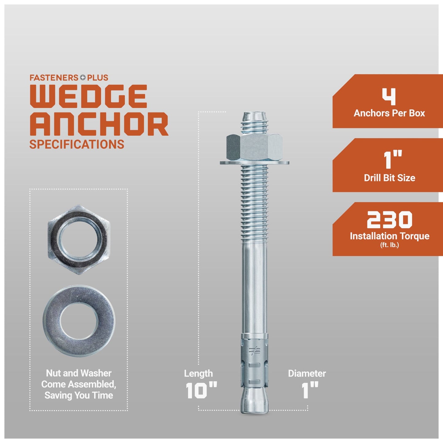 1" x 10" Strong-Tie Strong Bolt 2 Wedge Anchor Fully-Assembled, Zinc Plated, Pkg 4 Dimensions