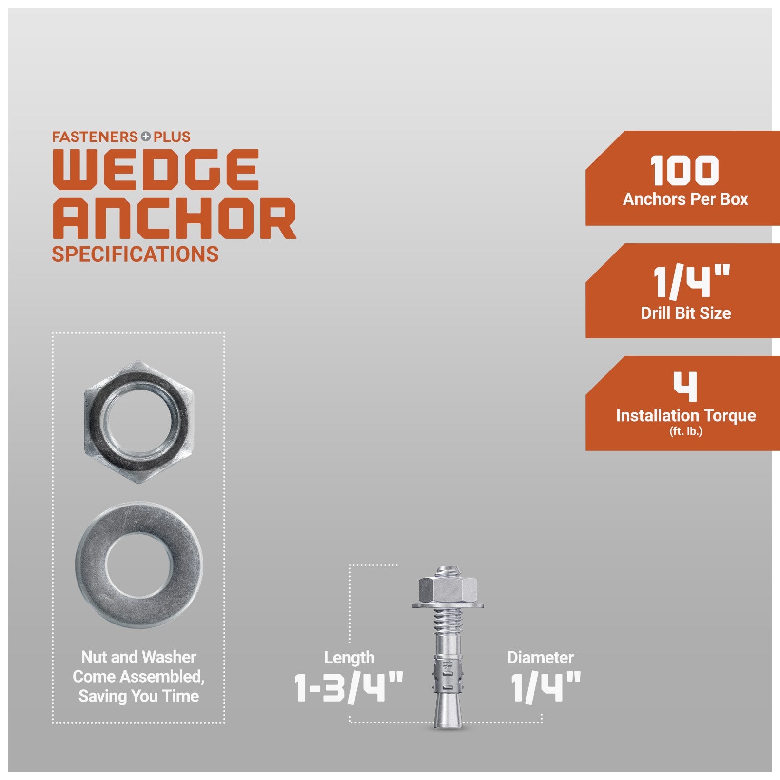 Simpson 1/4" x 1-3/4" Strong Bolt 2 Fully Assembled Wedge Anchor - 304 Stainless Steel, Pkg 100 Dimensions